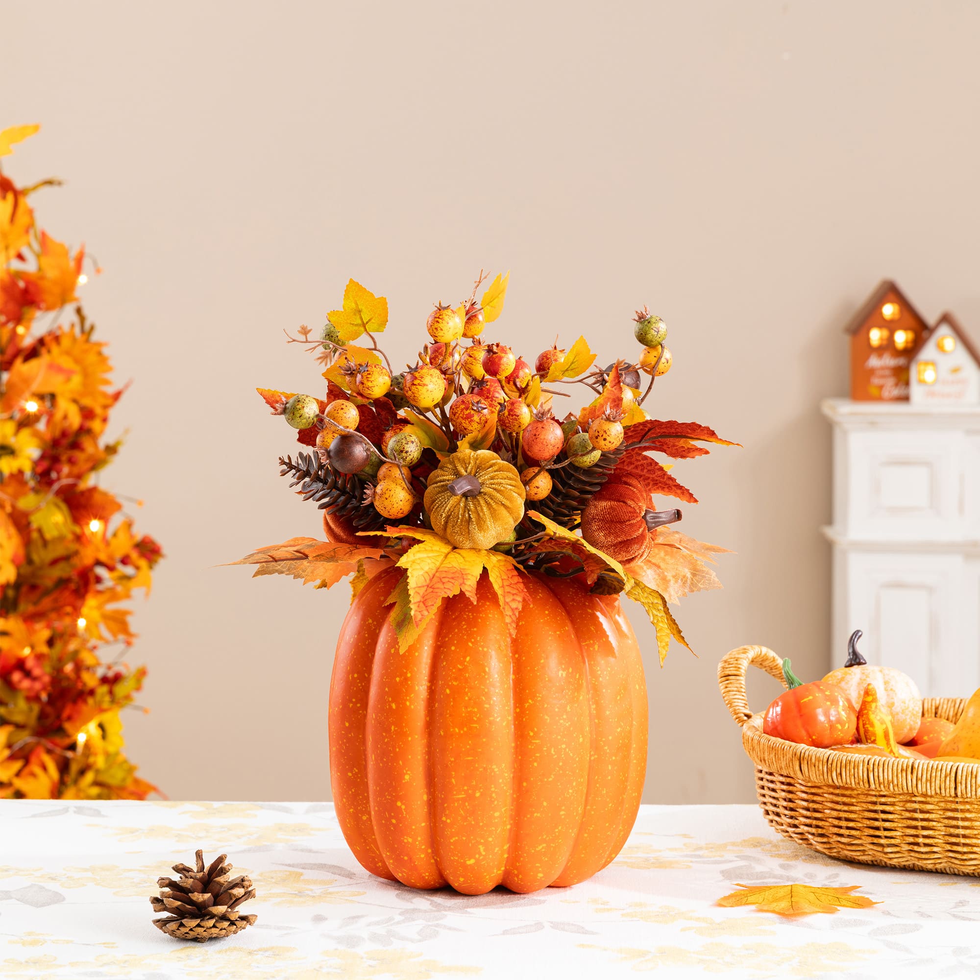 Glitzhome® 15" Fall Velvet Pumpkin, Pinecone & Berry Centerpiece