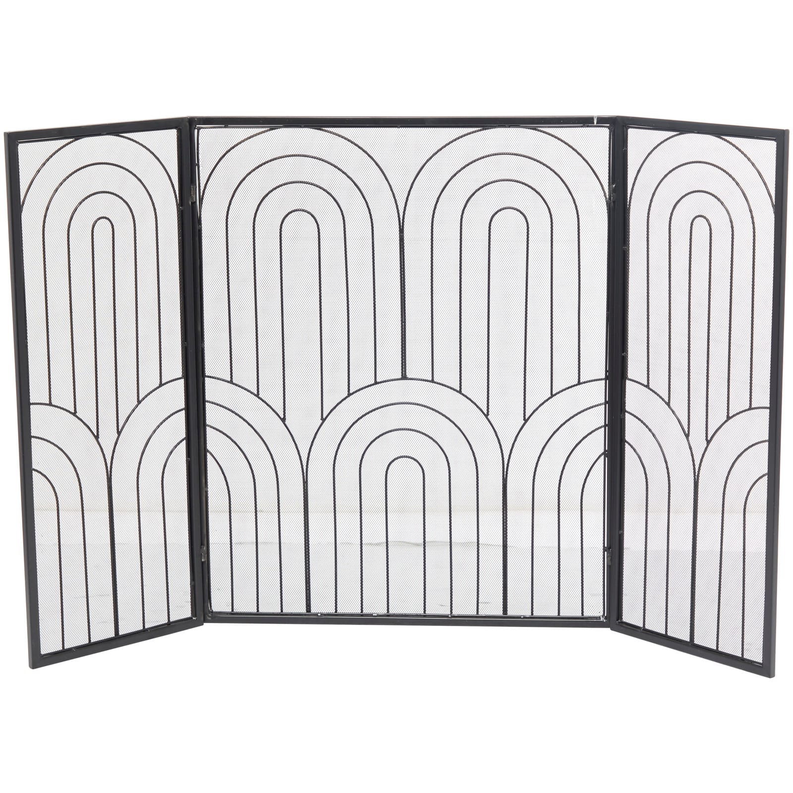 Black Metal Art Deco 3-Panel Fireplace Screen