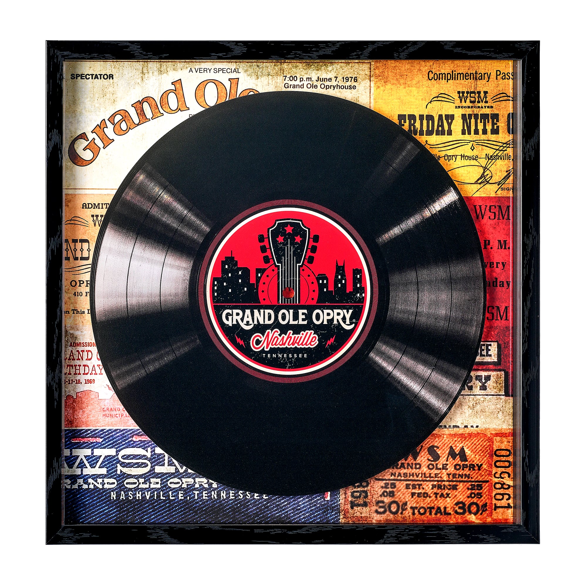 American Art Decor Grand Ole Opry Tickets Themed Printed Vinyl Record in Shadowbox Frame - 14" x 14"