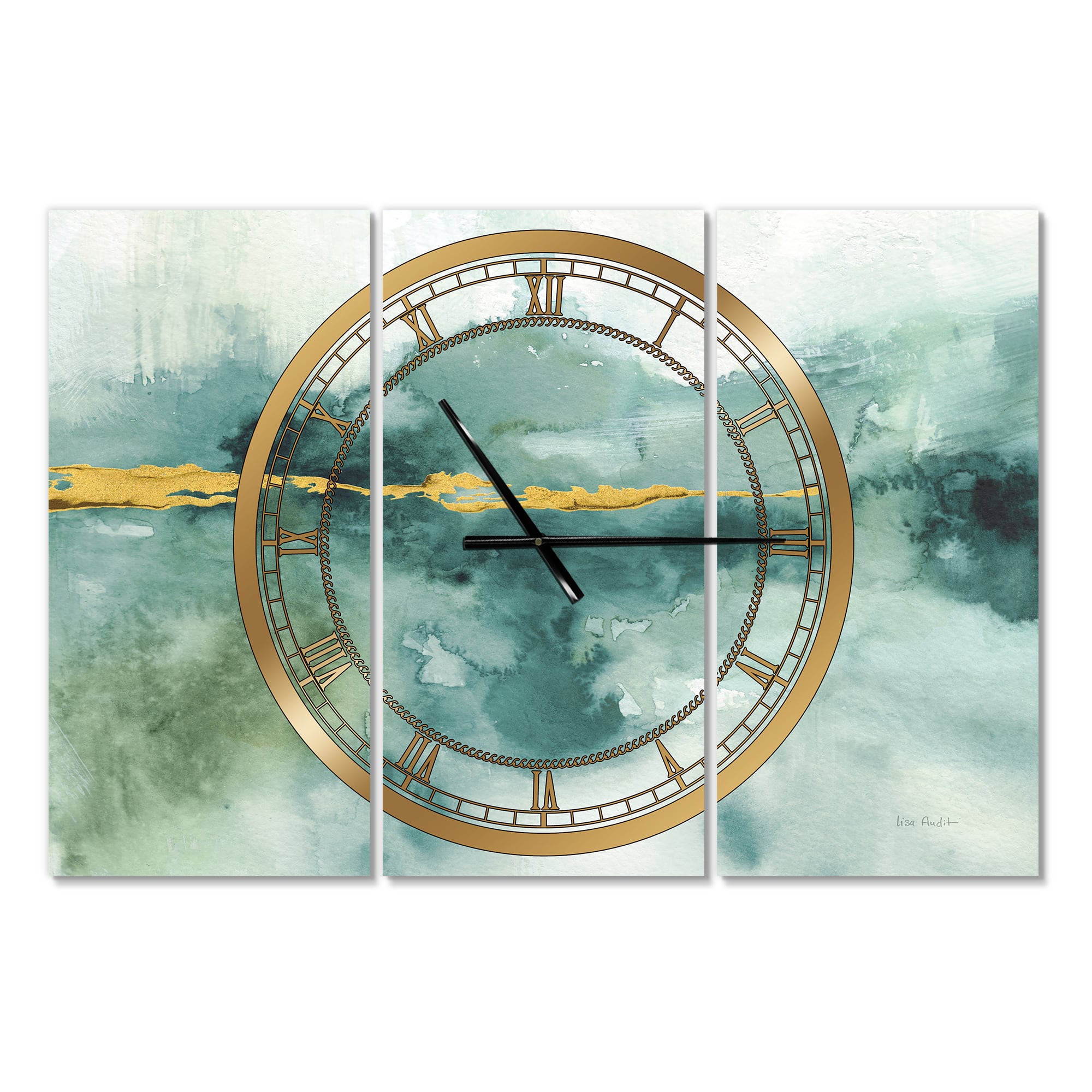 Designart Blue Watercolor Impression With Gold Multipanel Wall Clock