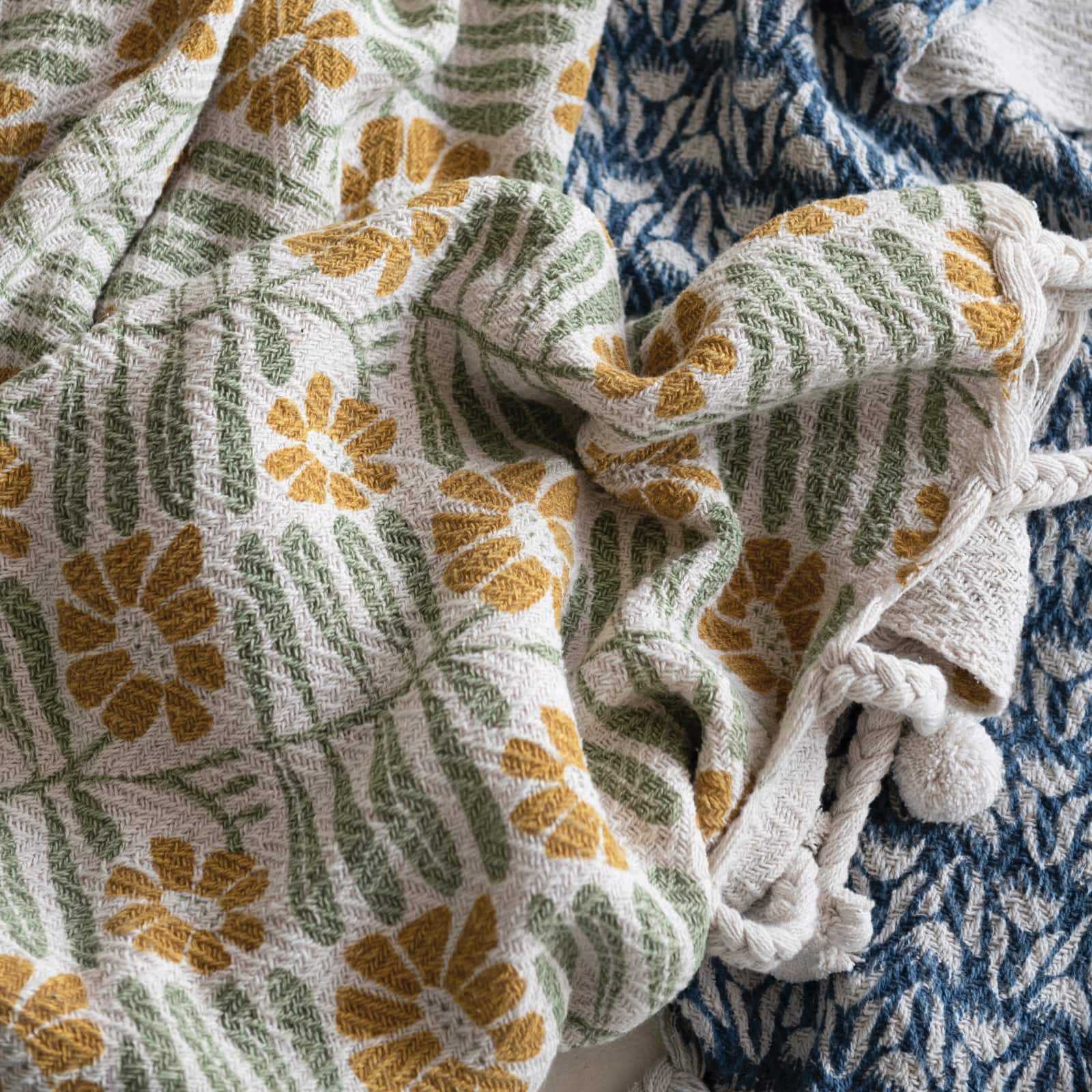 Hello Honey® Woven Recycled Cotton Blend Printed Throw with Flowers and Braided Pom Pom Tassels, Sage and Mustard