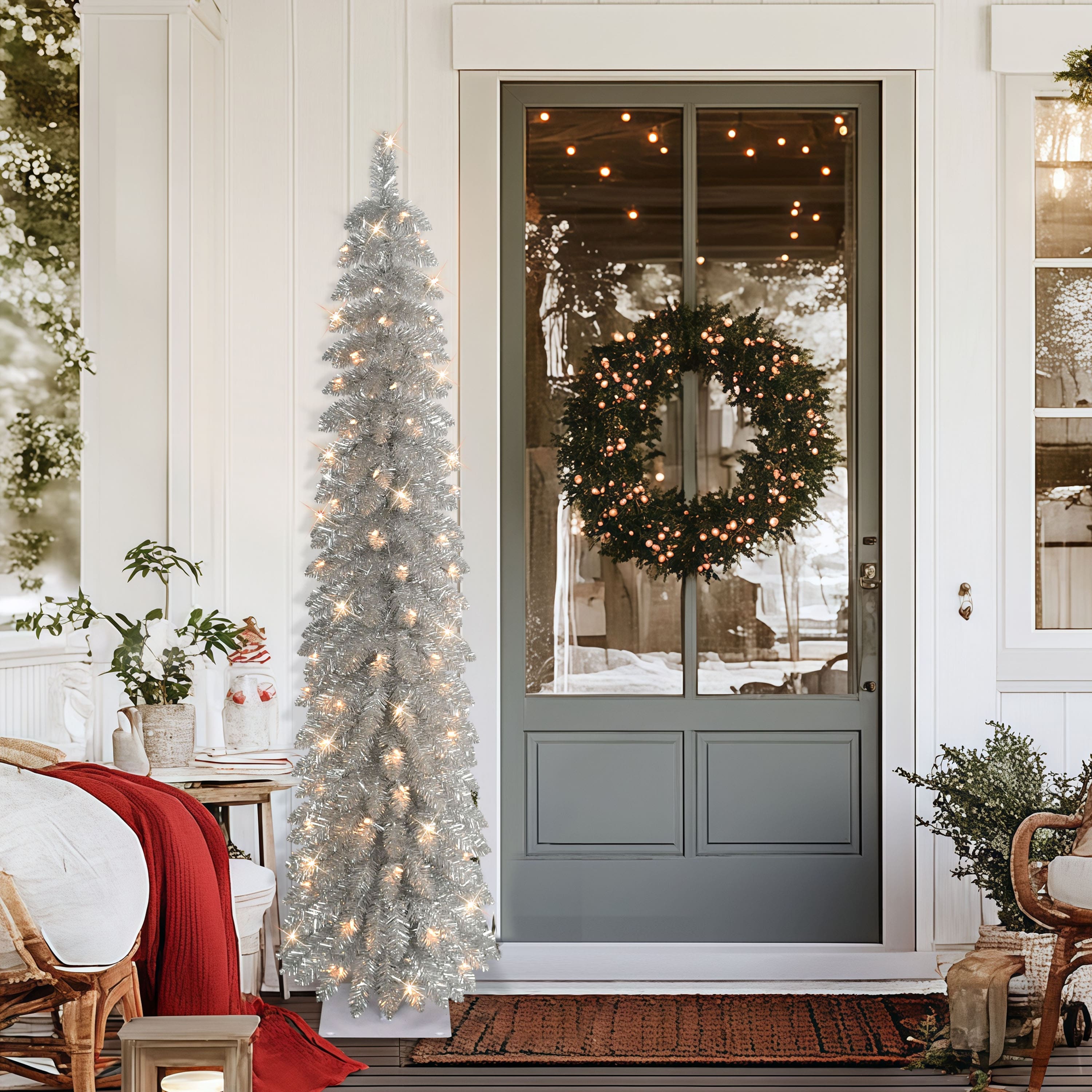 6ft. Pre-Lit Silver Alpine Pencil Artificial Christmas Tree, Clear Lights