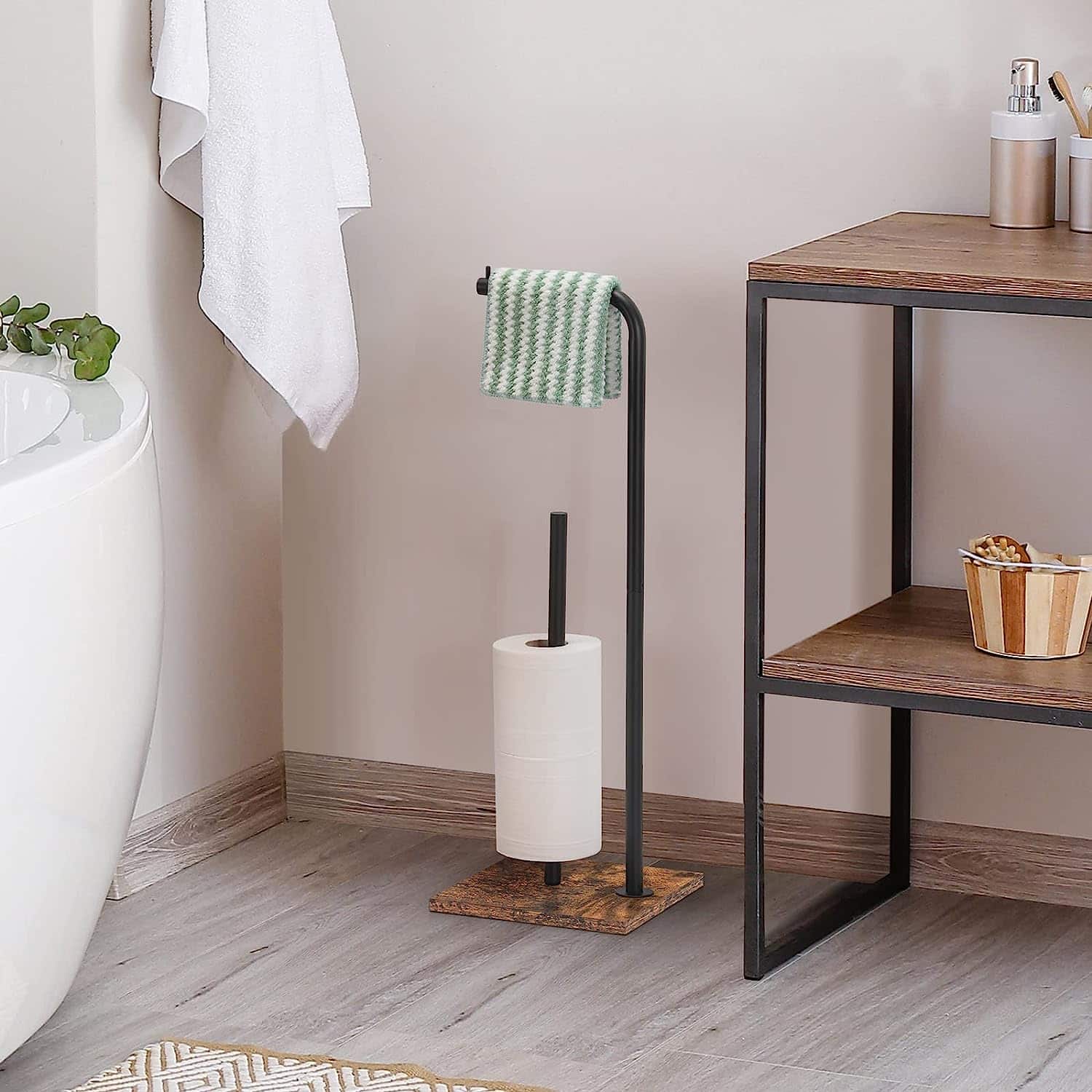 Black Freestanding Metal Toilet Paper Holder Stand
