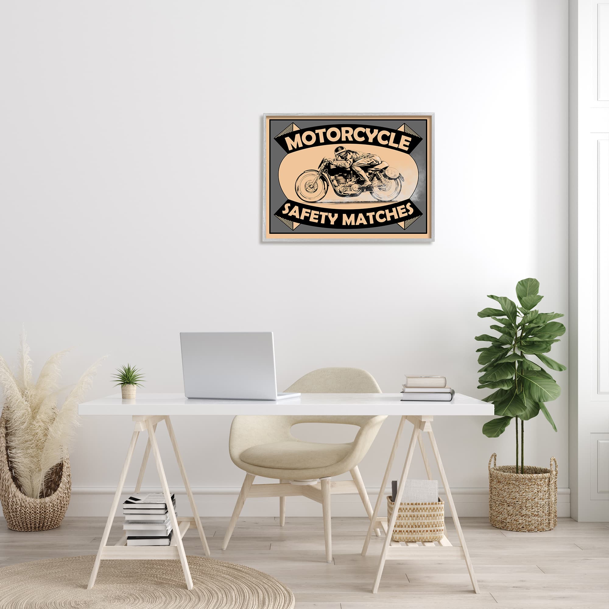 Stupell Industries Motorcycle Safety Matches Grey Tan Bike Rider in Frame Wall Art