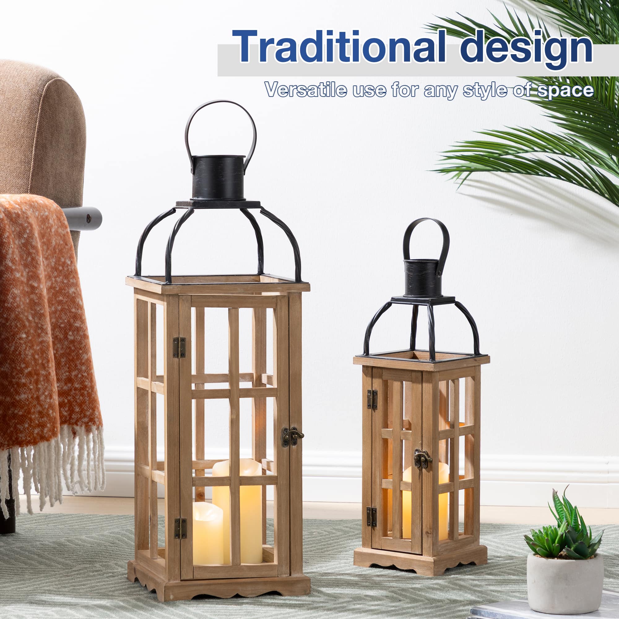 Glitzhome® Farmhouse Natural Wood & Black Metal Lantern Set