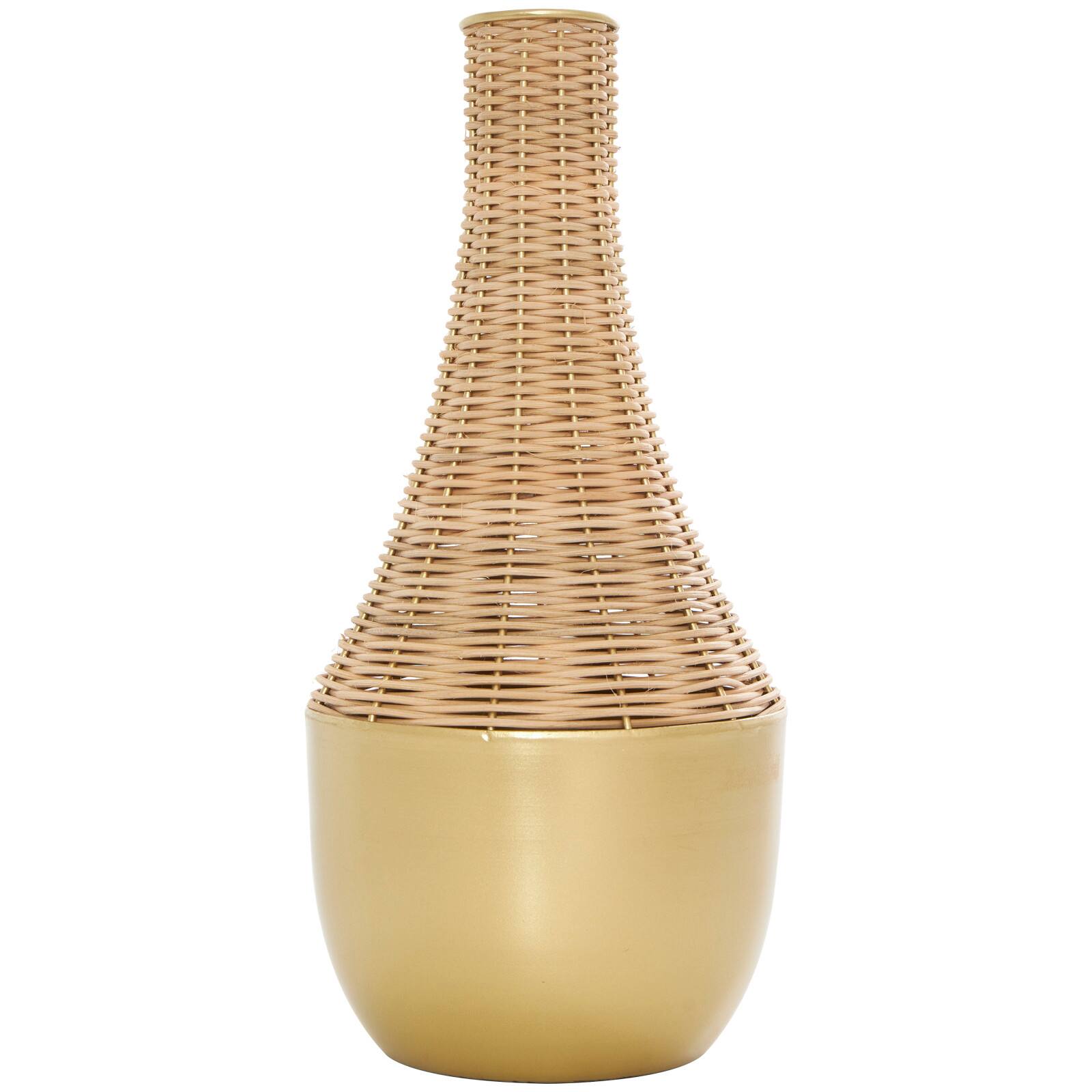 15" Brown & Gold Rattan Handmade Woven Vase