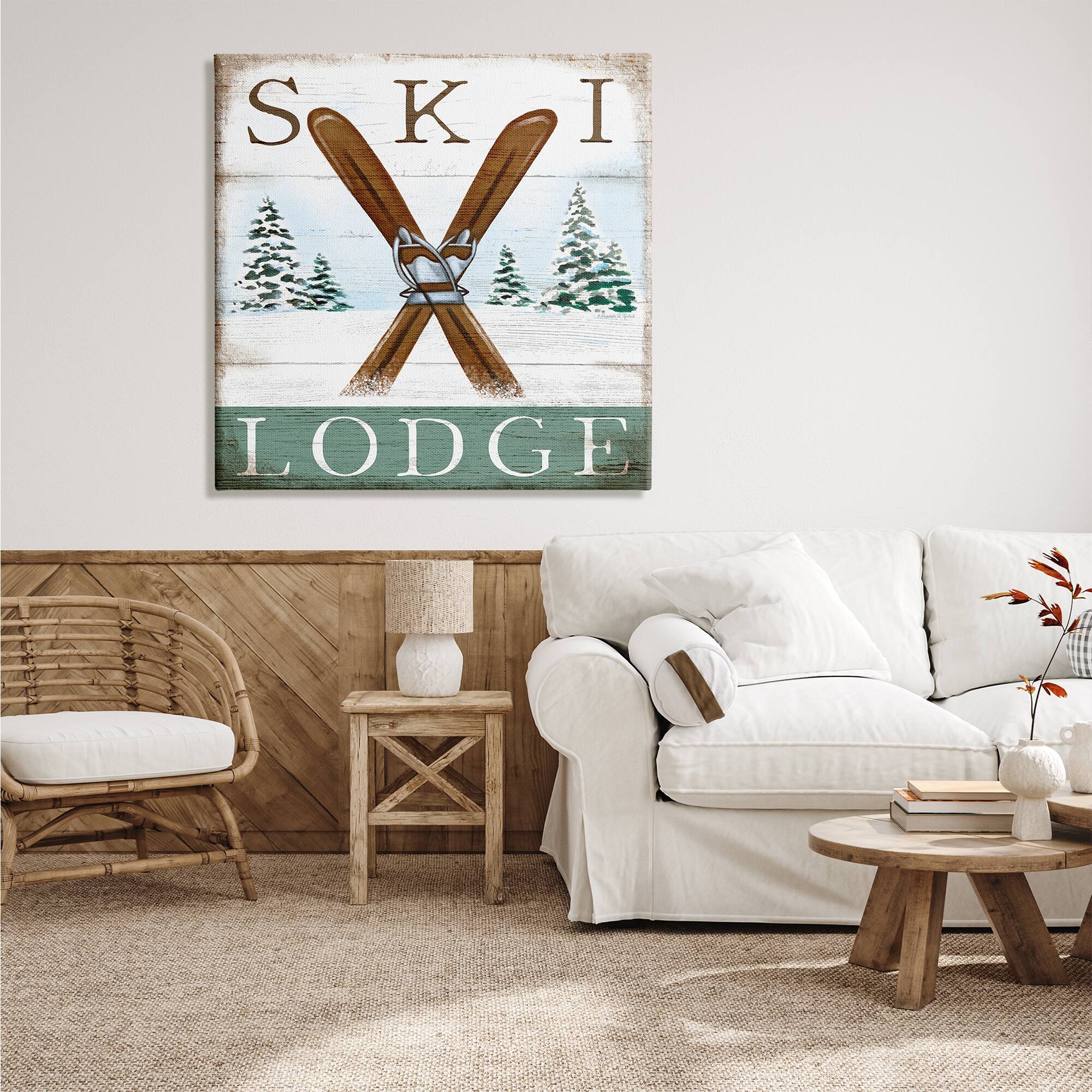 Stupell Industries Ski Lodge Rustic Cabin Sign Snowy Tree Forest Canvas Wall Art