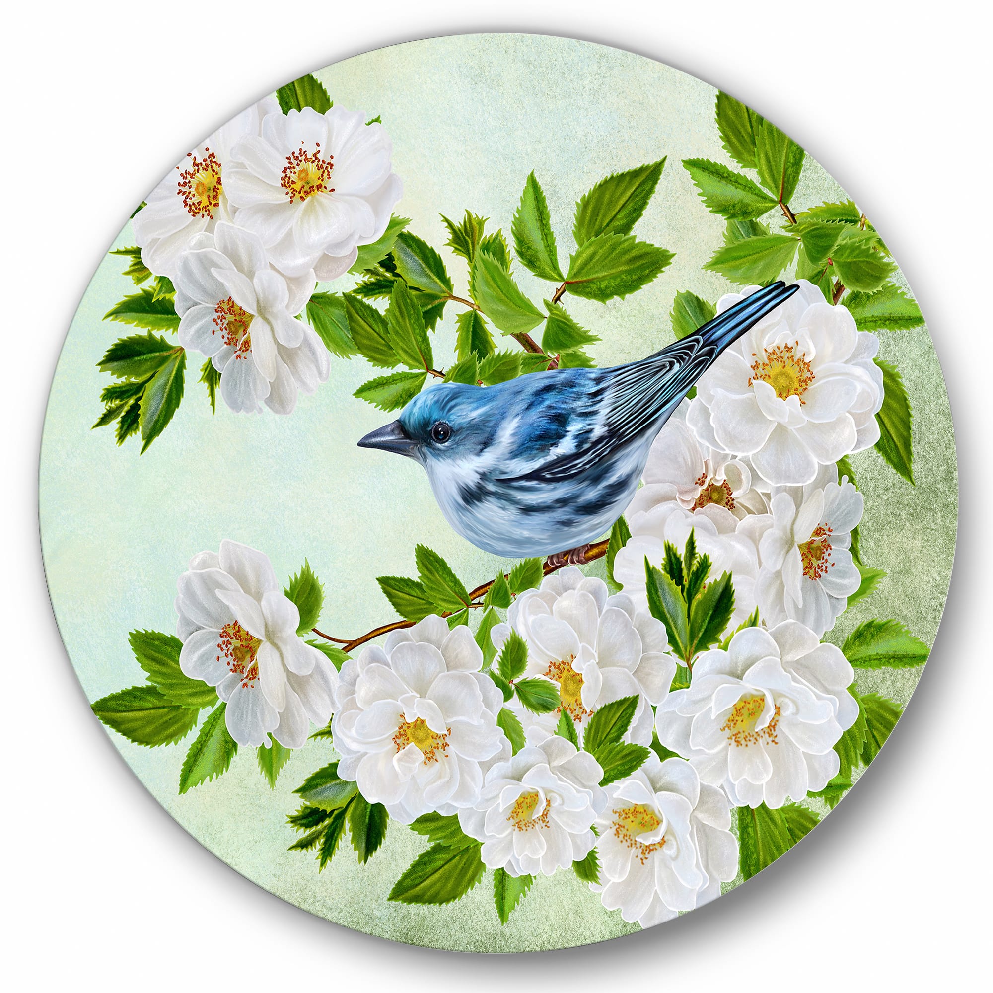 Designart - Little Blue Bird Sitting On A Branch of White Rose - Traditional Metal Circle Wall Art