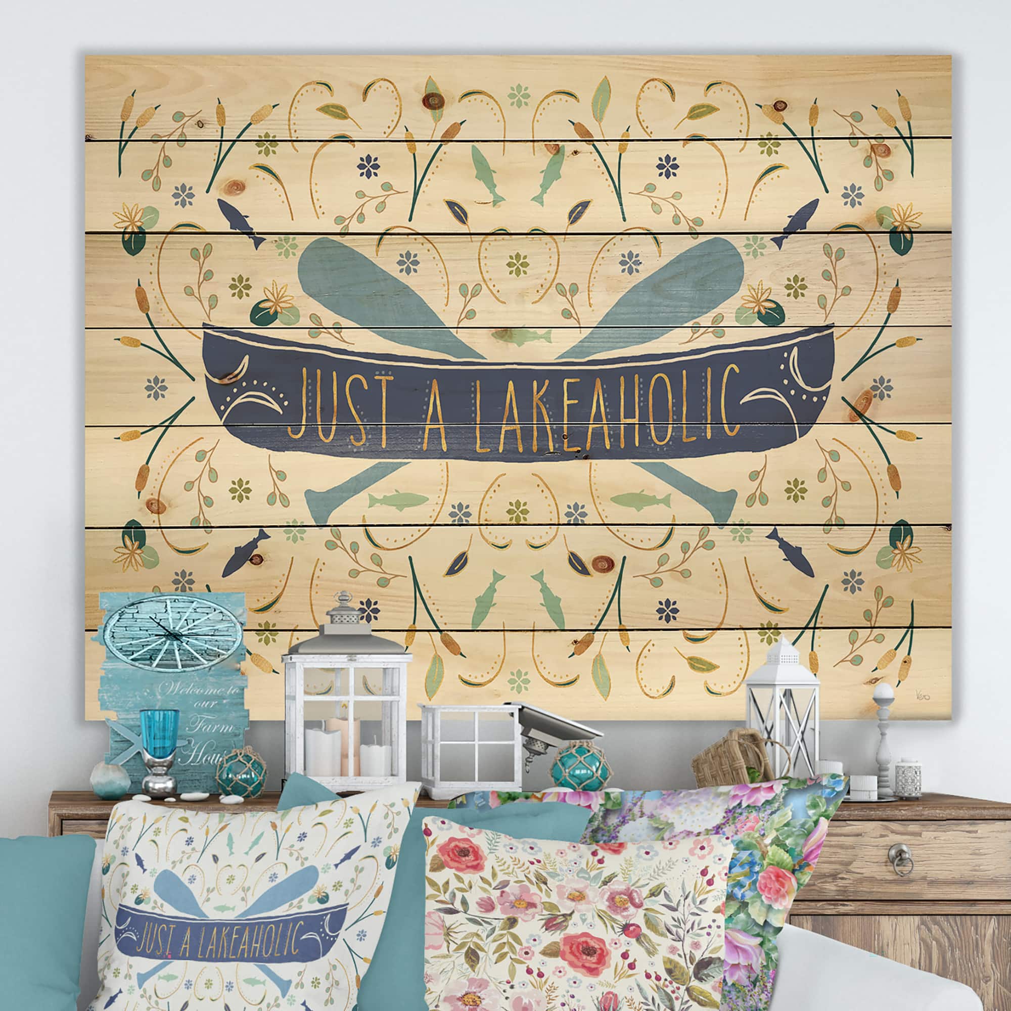 Designart - Just a Lakeaholic - Lake House Print on Natural Pine Wood