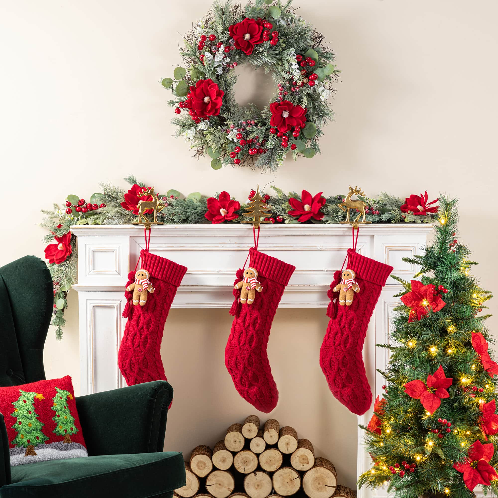 Glitzhome® 22"L Red Knitted Christmas Stocking with Gingerbread Man Ornament
