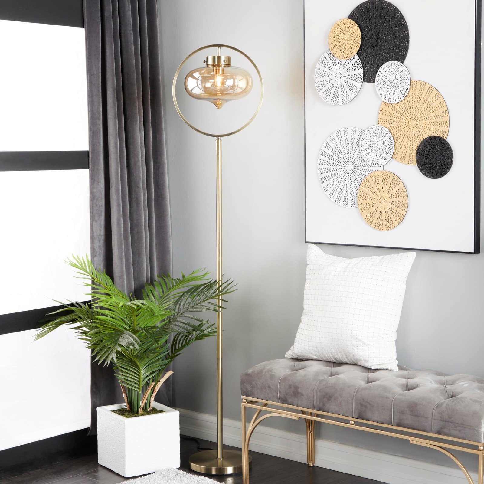 Gold Iron Contemporary Floor Lamp, 14" x 14" x 9"