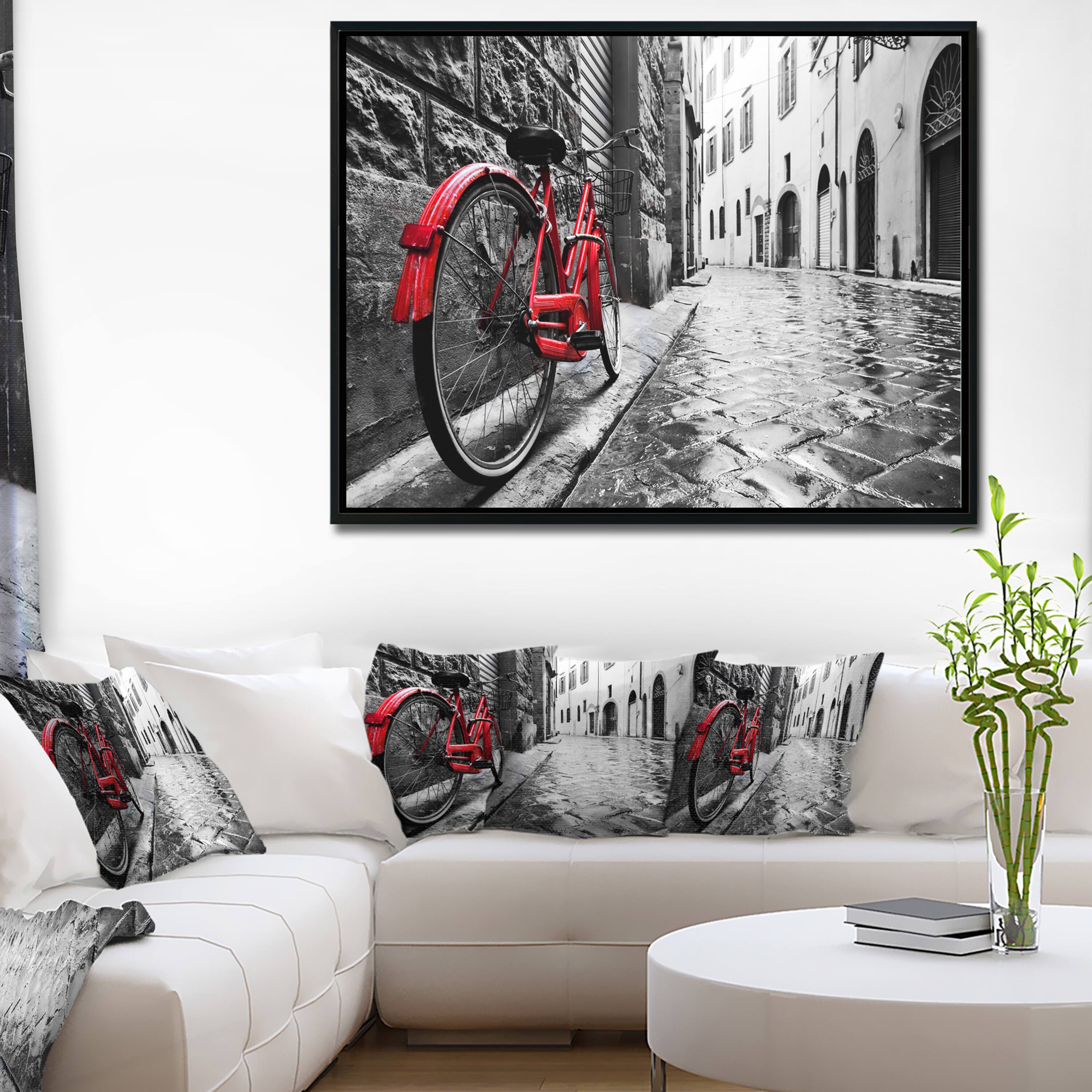 Designart - Retro Vintage Red Bike - Cityscape Photo Framed Canvas Art Print
