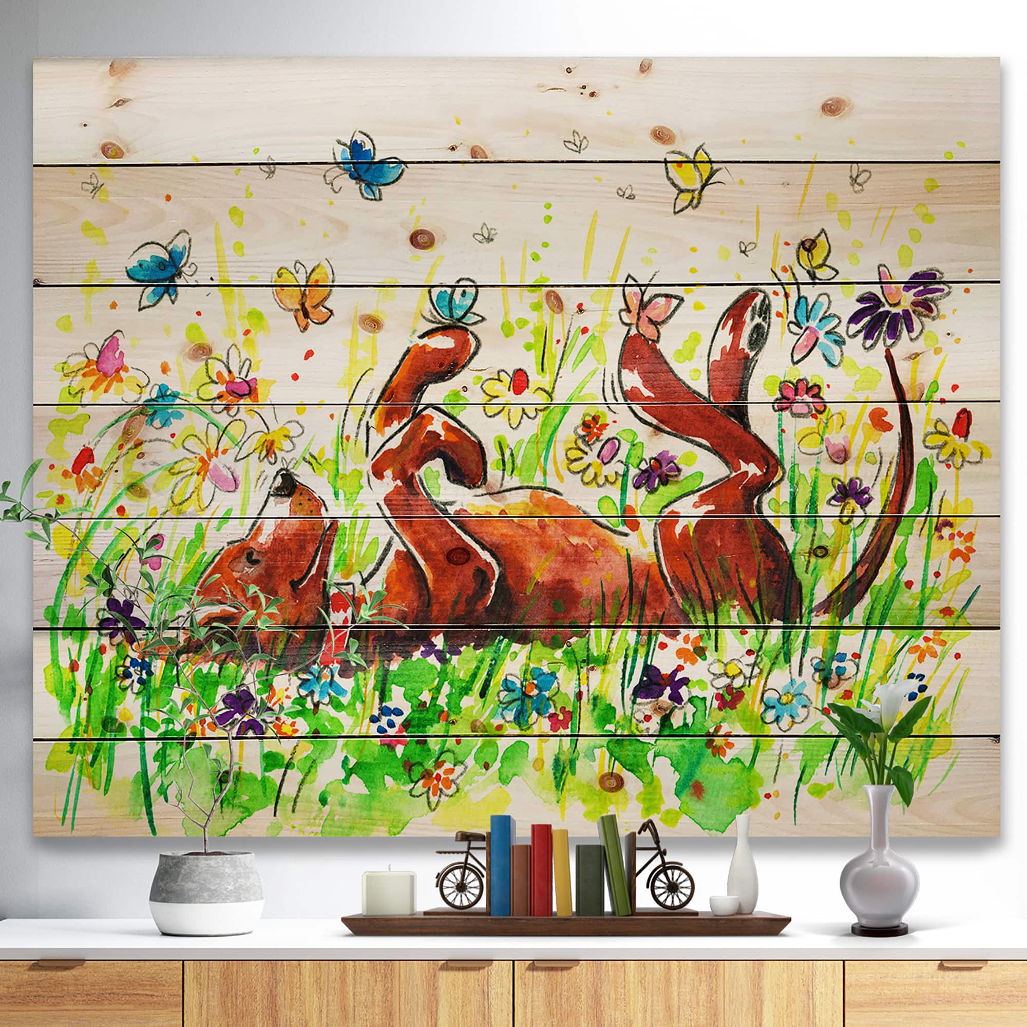 Designart - Happy Brown dog with Flowers and Butterfly