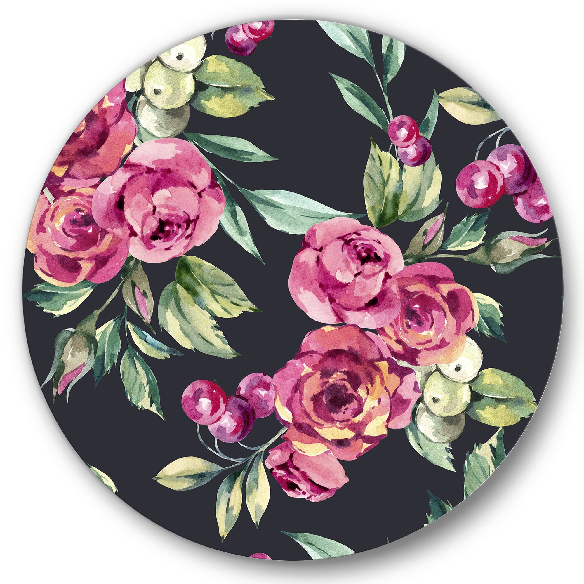 Designart - Red VIntage Roses and Berries On Black