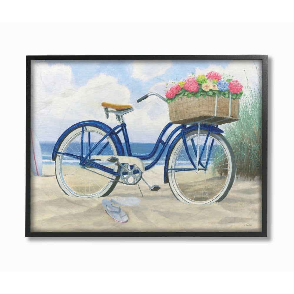 Stupell Industries Bike with Flower Basket Beach Blue Nautical Painting Framed Wall Art
