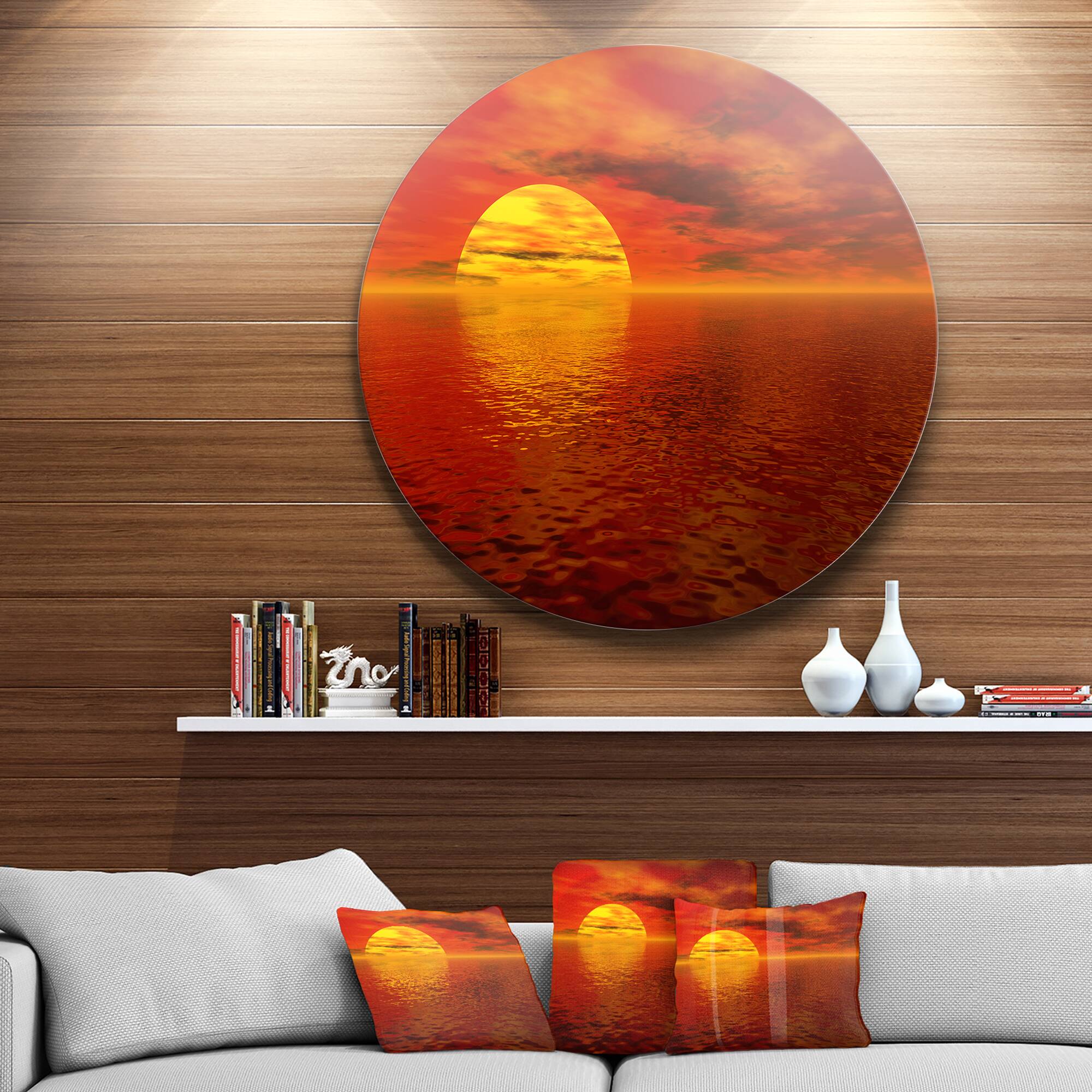 Designart - Sun Falling to Yellow Ocean' Large Seashore Metal Circle Wall Art