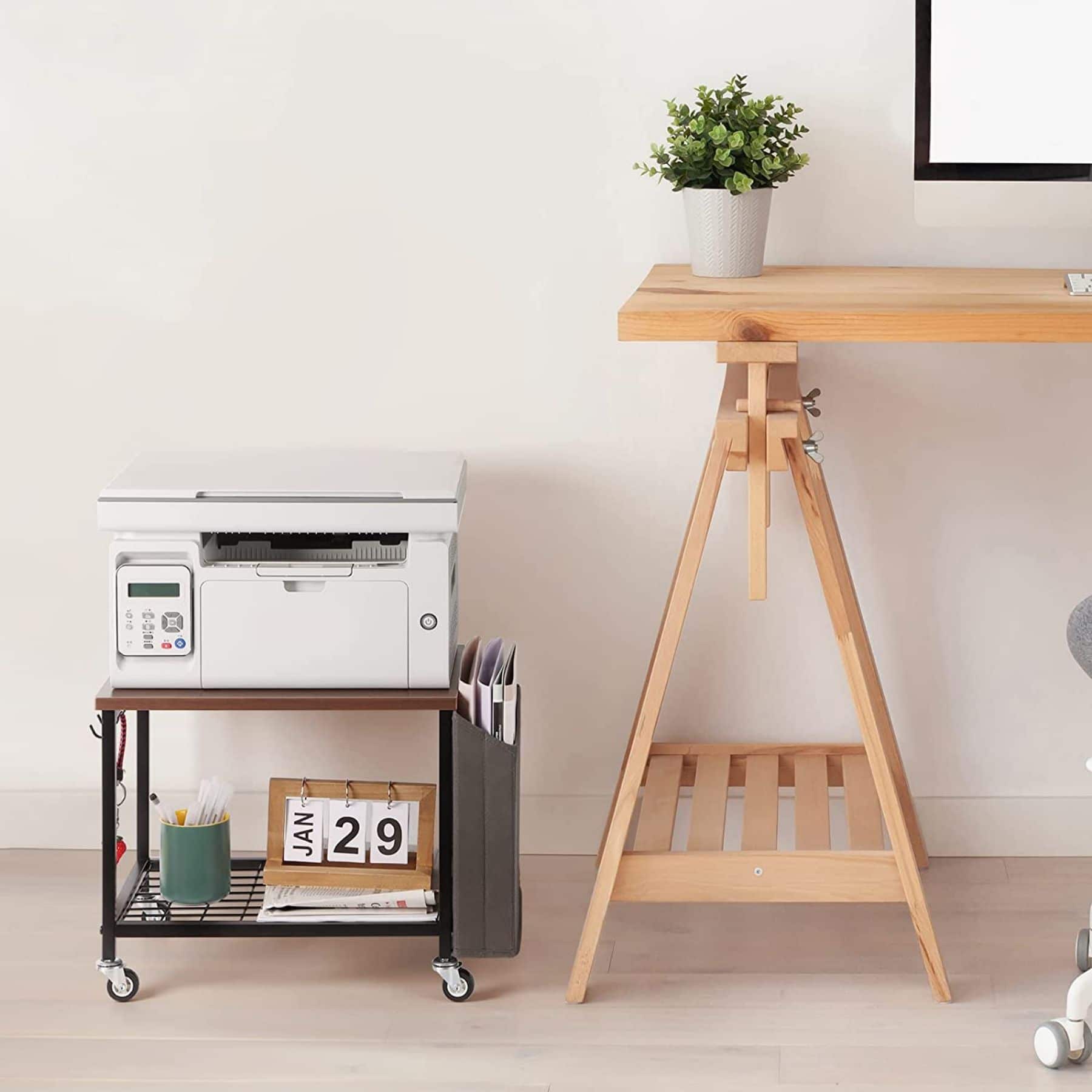 Rustic Brown 2-Tier Printer Cart with Wheels & Storage Bag