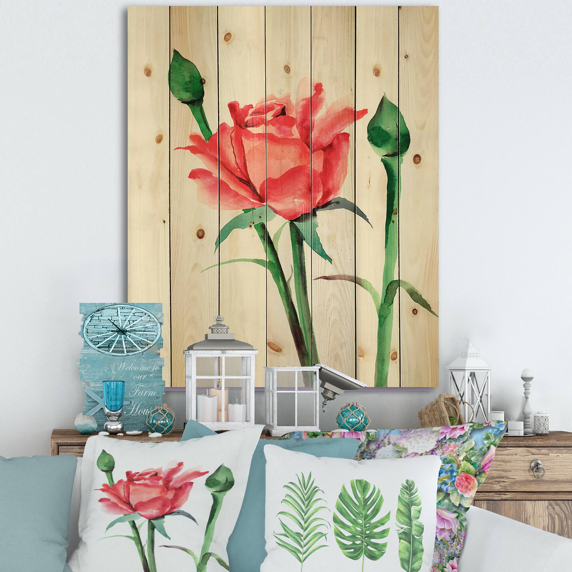 Designart - Red Rose With Buds - Traditional Print on Natural Pine Wood