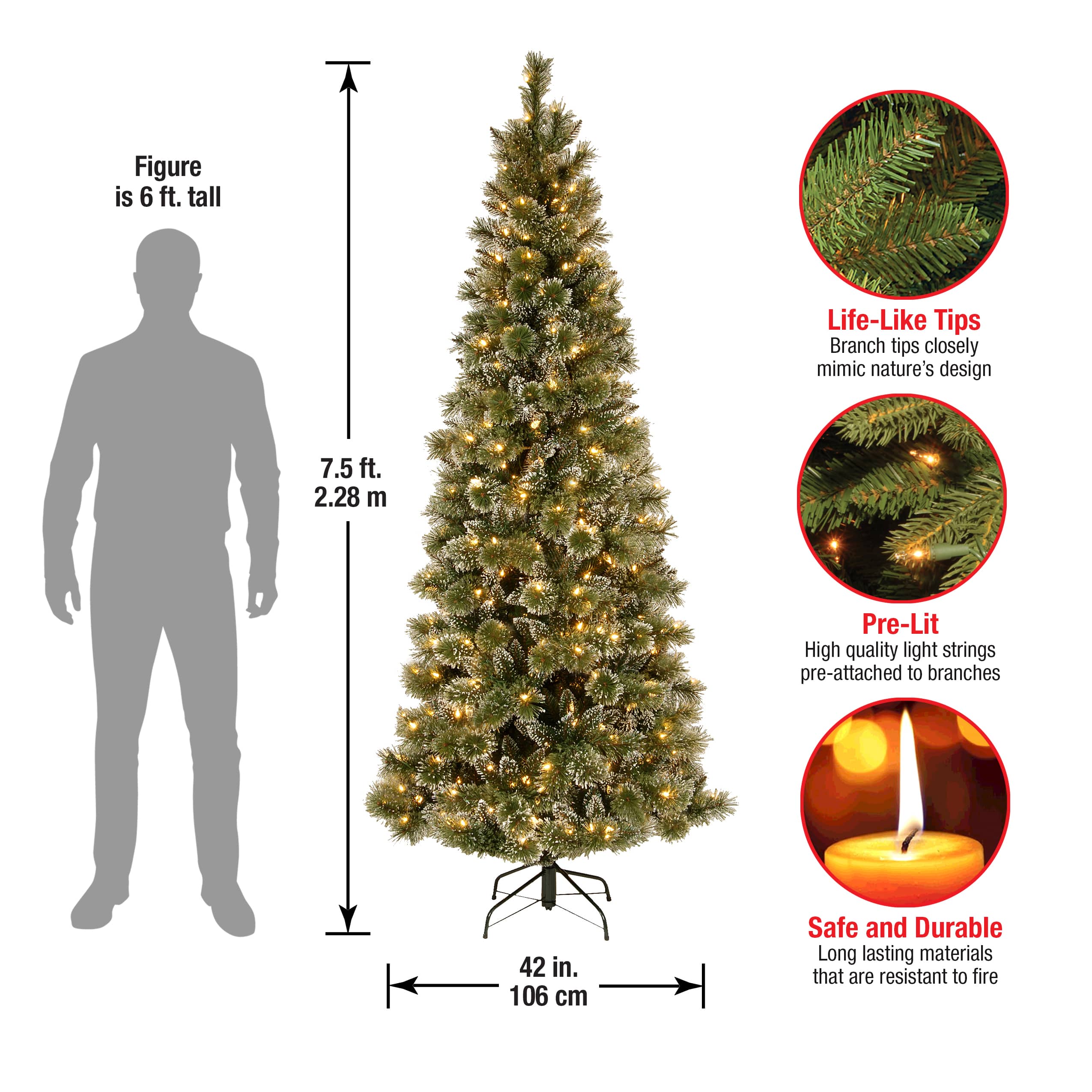 7.5 ft. Pre-lit Hinged Glittery Bristle Pine Slim Artificial Christmas Tree, Soft White LED Lights