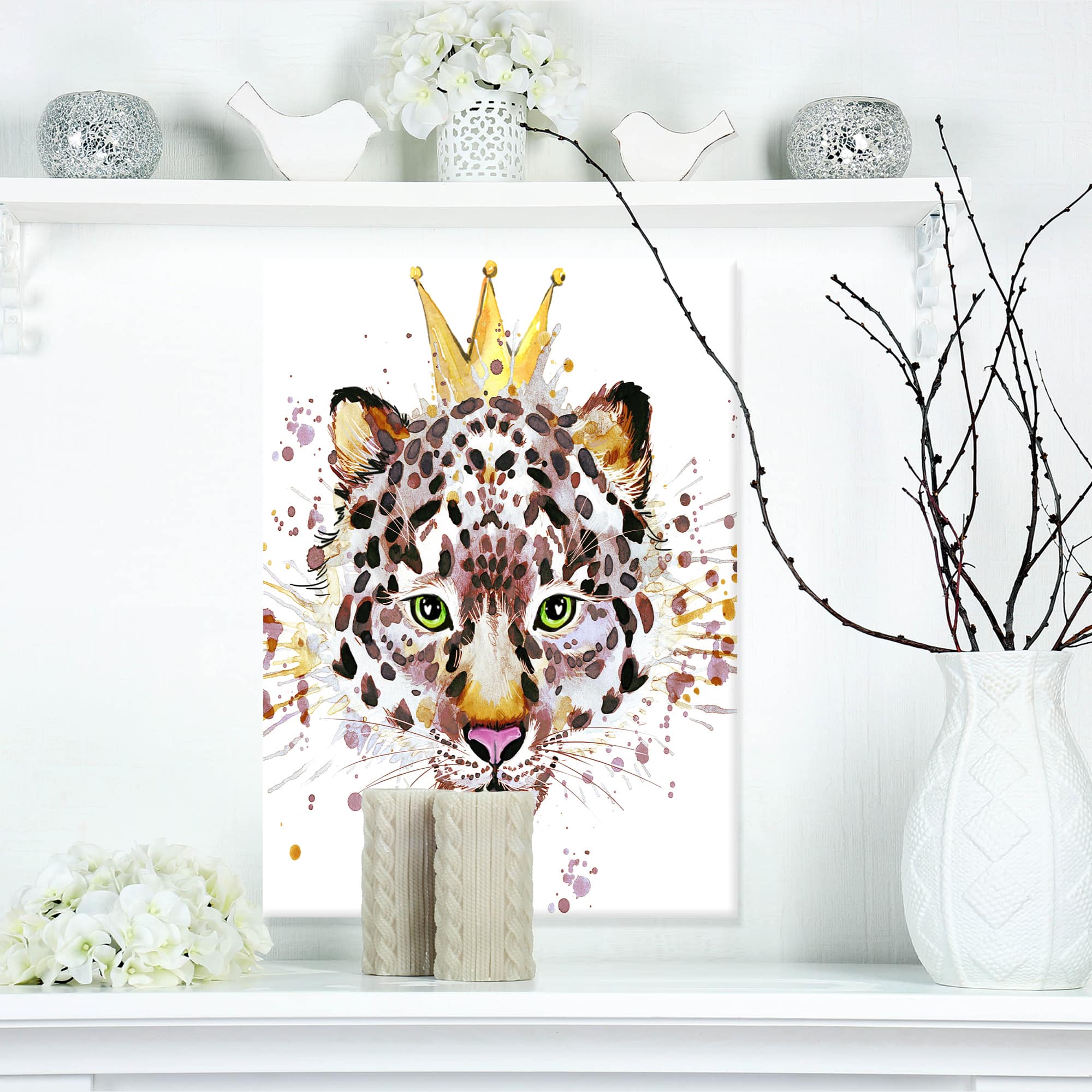 Designart - Leopard Head with Golden Crown - Contemporary Animal Art Canvas