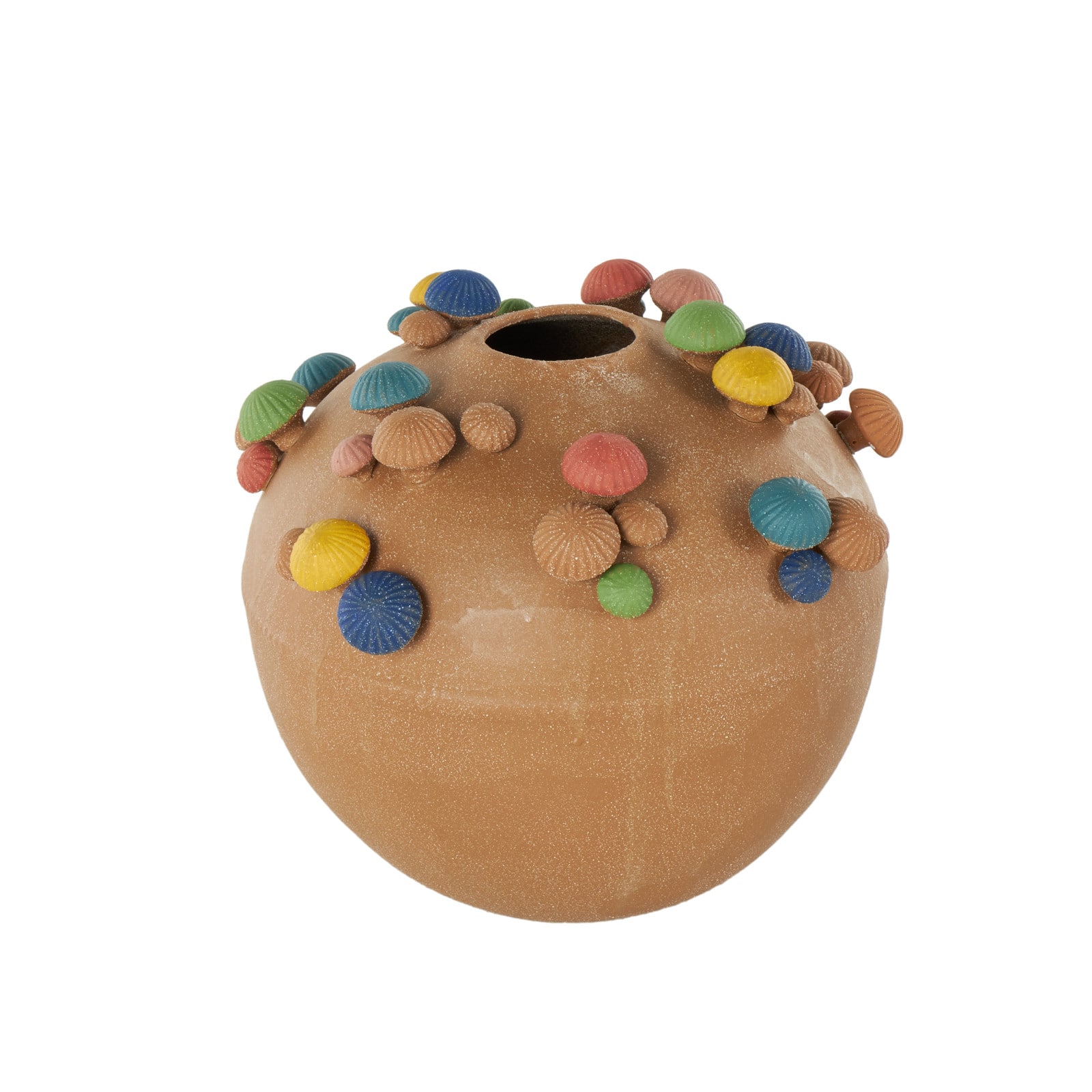 13" Brown Ceramic Round Wide Decorative Vase with Multicolor Mushroom Accents
