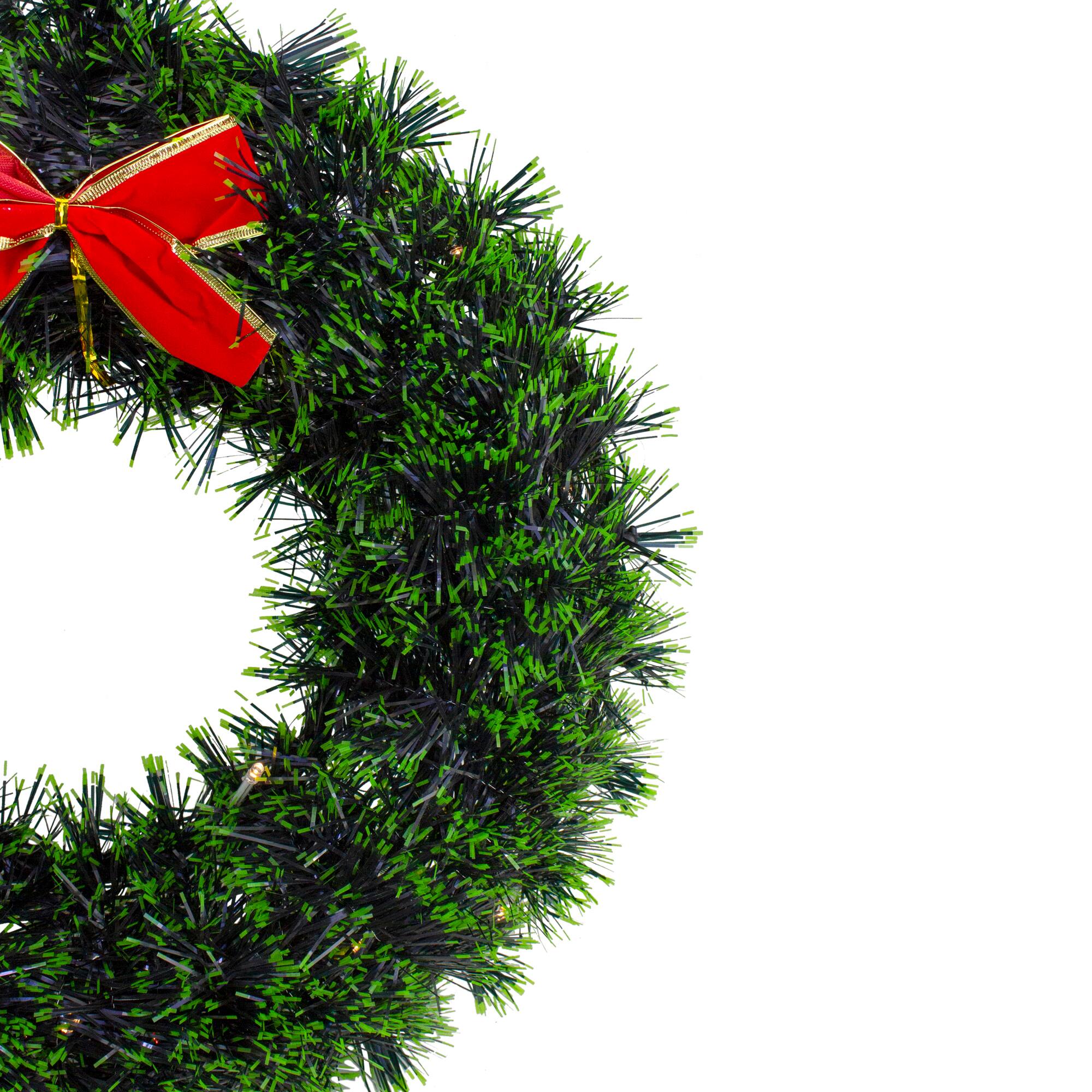 17" Pre-Lit LED Green Tinsel Artificial Wreath With Bow
