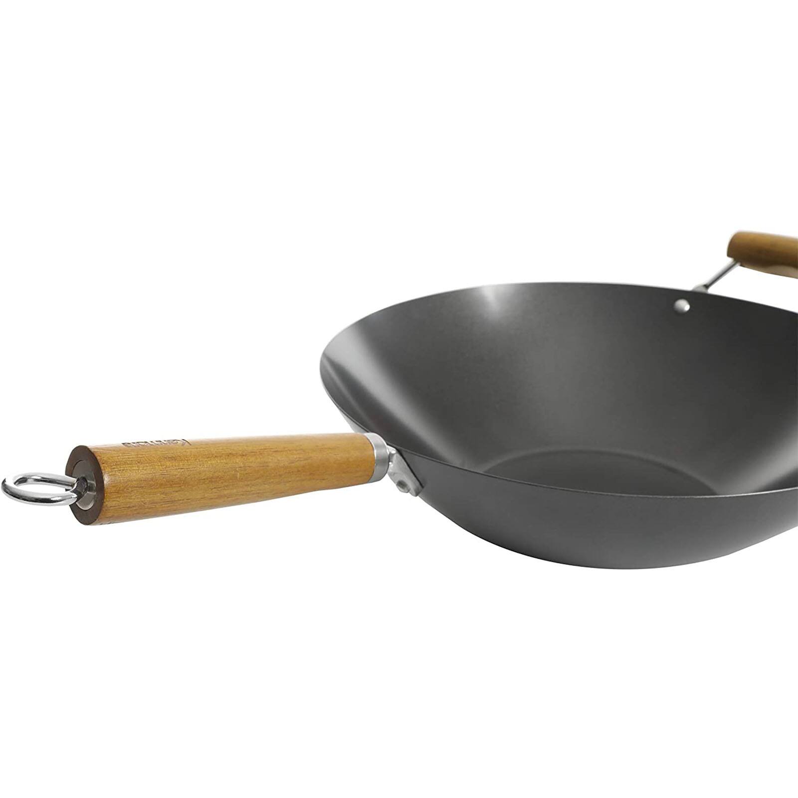 Kenmore® Hammond 14'' Black Flat Bottom Carbon Steel Wok with Wooden Handles