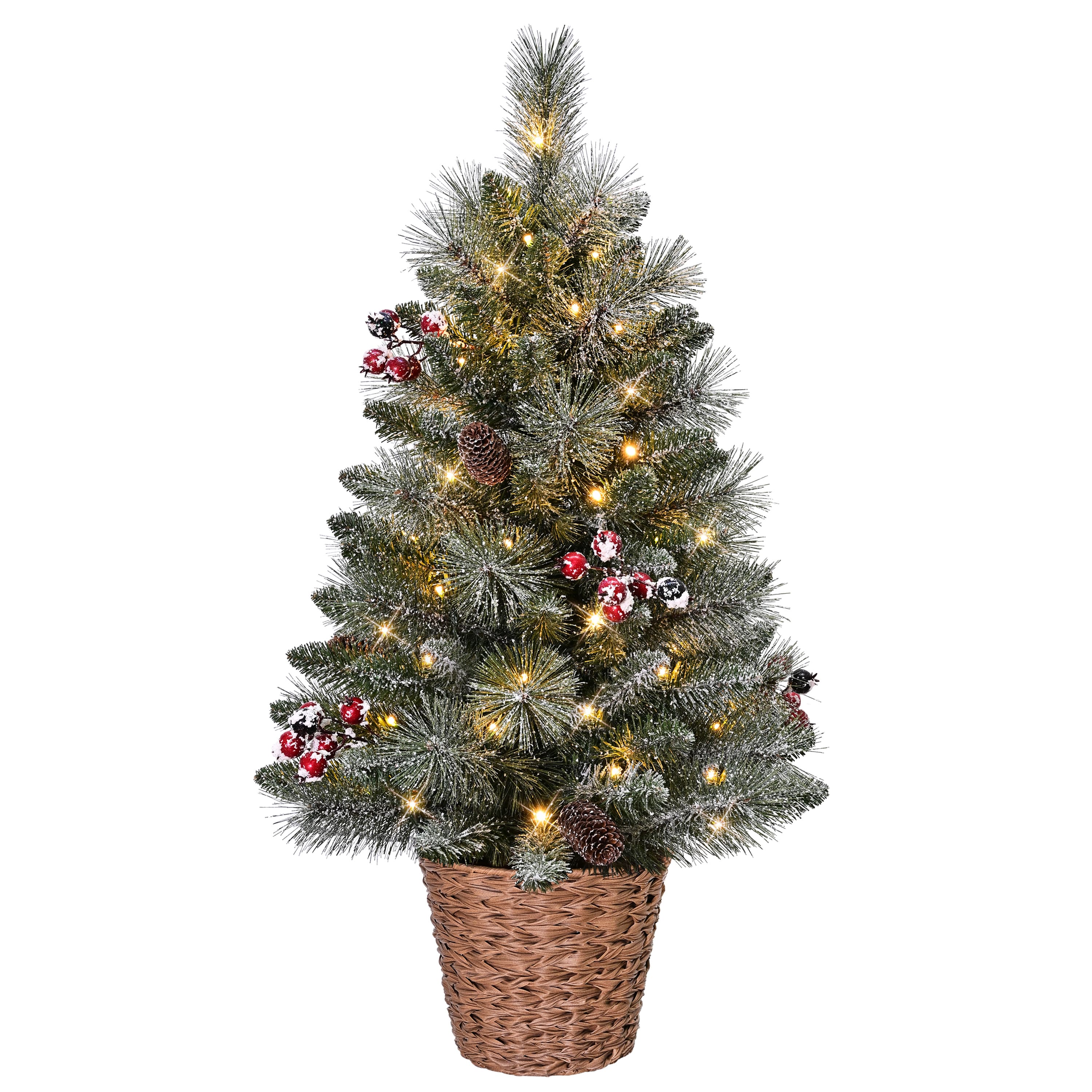 Puleo 3ft. Pre-Lit Snowy Pine, Pinecones & Berries Artificial Christmas Tree in Baskets, Warm White LED Lights