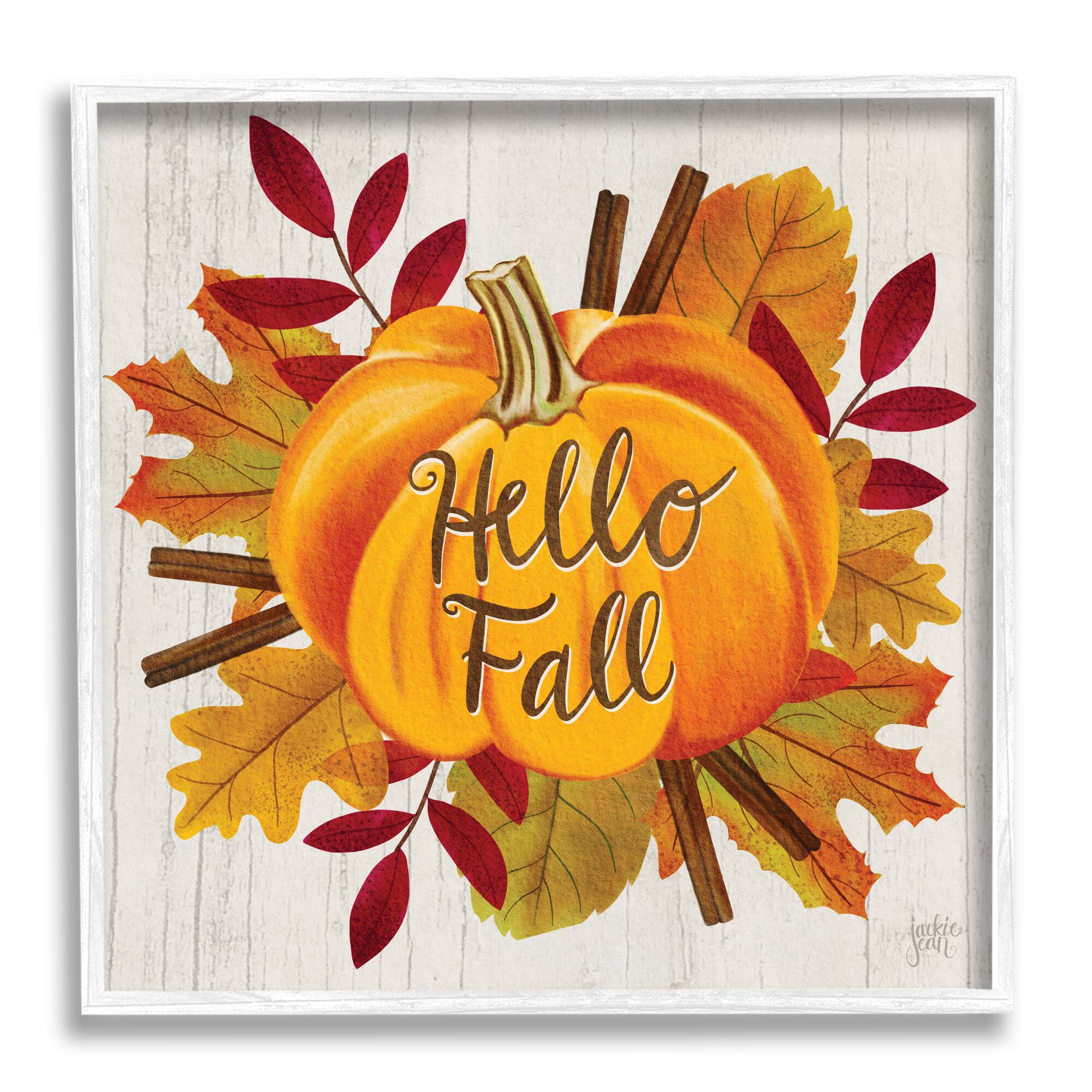 Stupell Industries Hello Fall Sentiment Orange Pumpkin Autumn Tree Leaves White Framed Wall Art, 17" x 17"