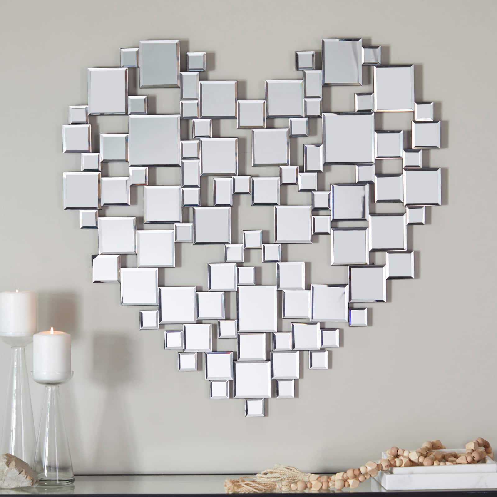 Silver Glass Shaped Mirrored Heart Wall Mirror 32" x 1" x 32"