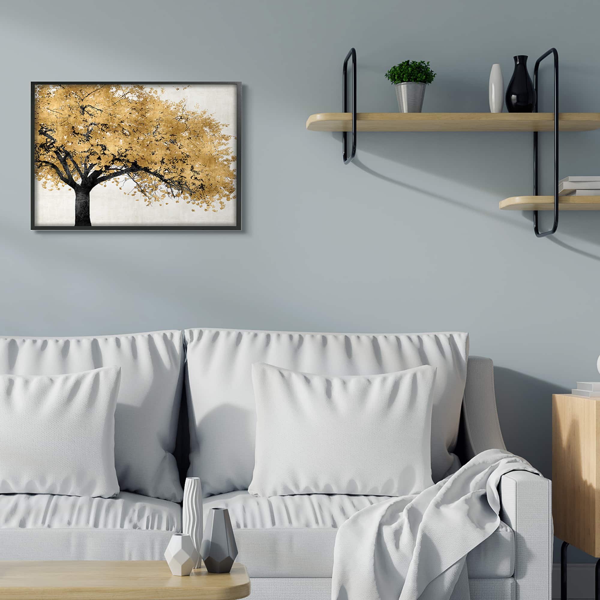 Stupell Industries Traditional Tree with Autumn Leaves over Neutral in Frame Wall Art