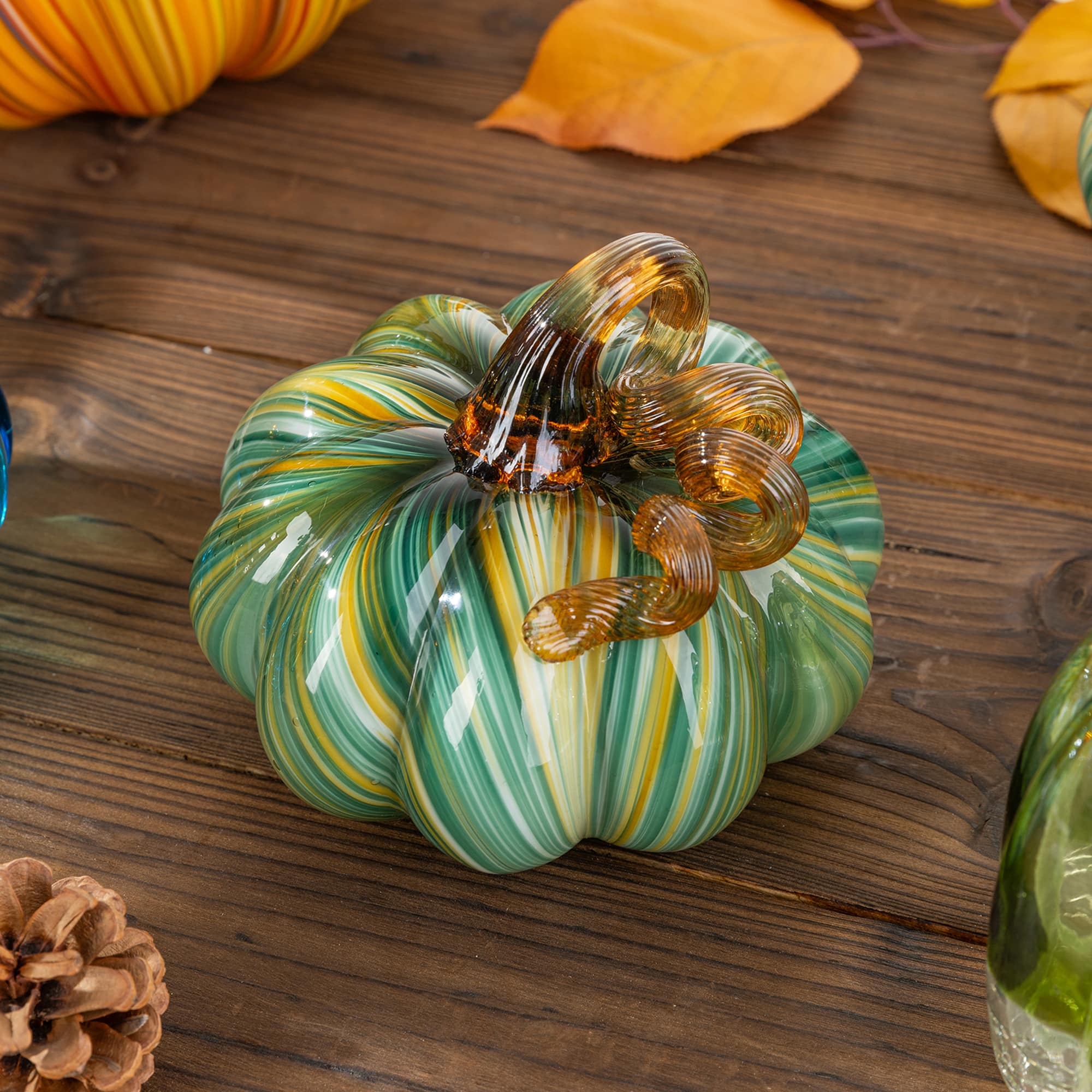 Glitzhome® 5.75" Multi Green Striped Glass Pumpkin Fall Table Decor