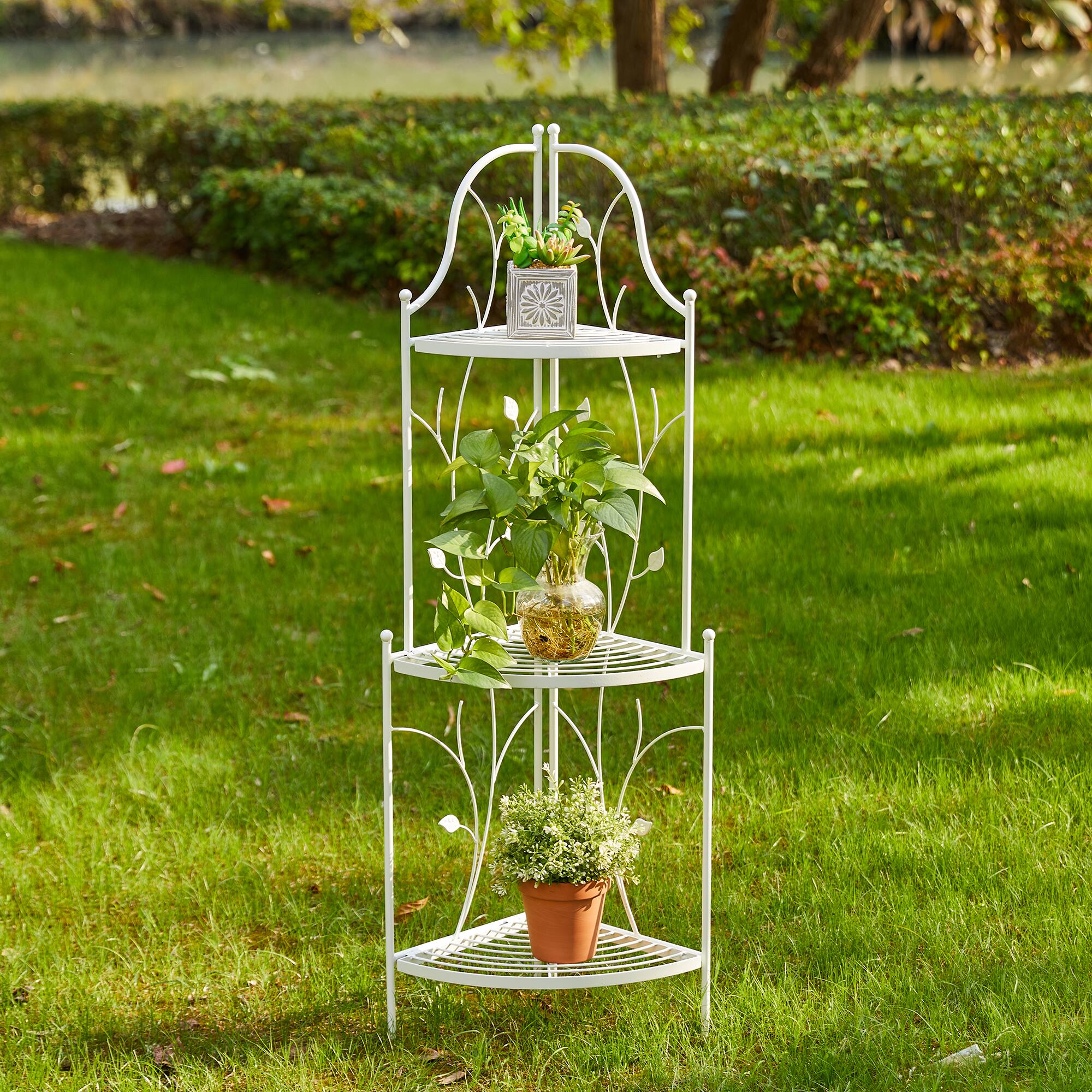 Glitzhome® 3-Tiered Metal Corner Shelf Planter Stand