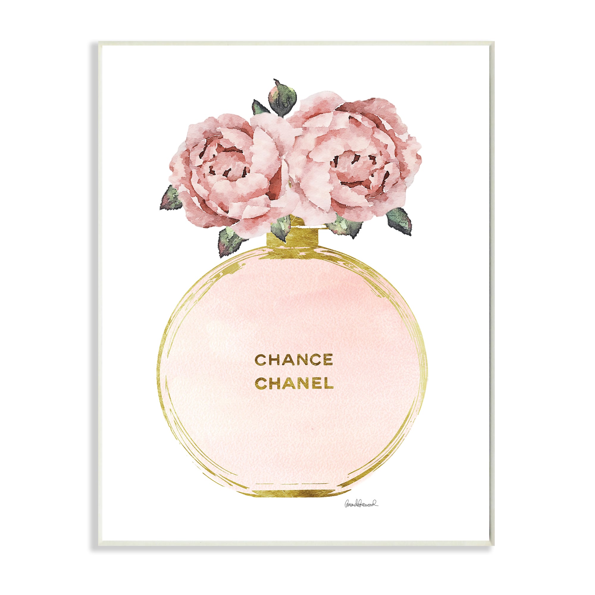 Stupell Industries Vintage Pink Florals in Round Fashion Fragrance Bottle Wood Wall Plaque
