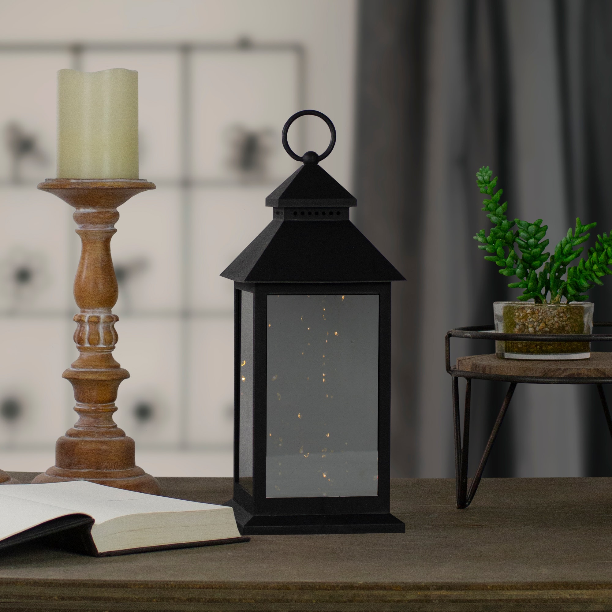 12" Black LED Lantern with Warm White Flickering Light