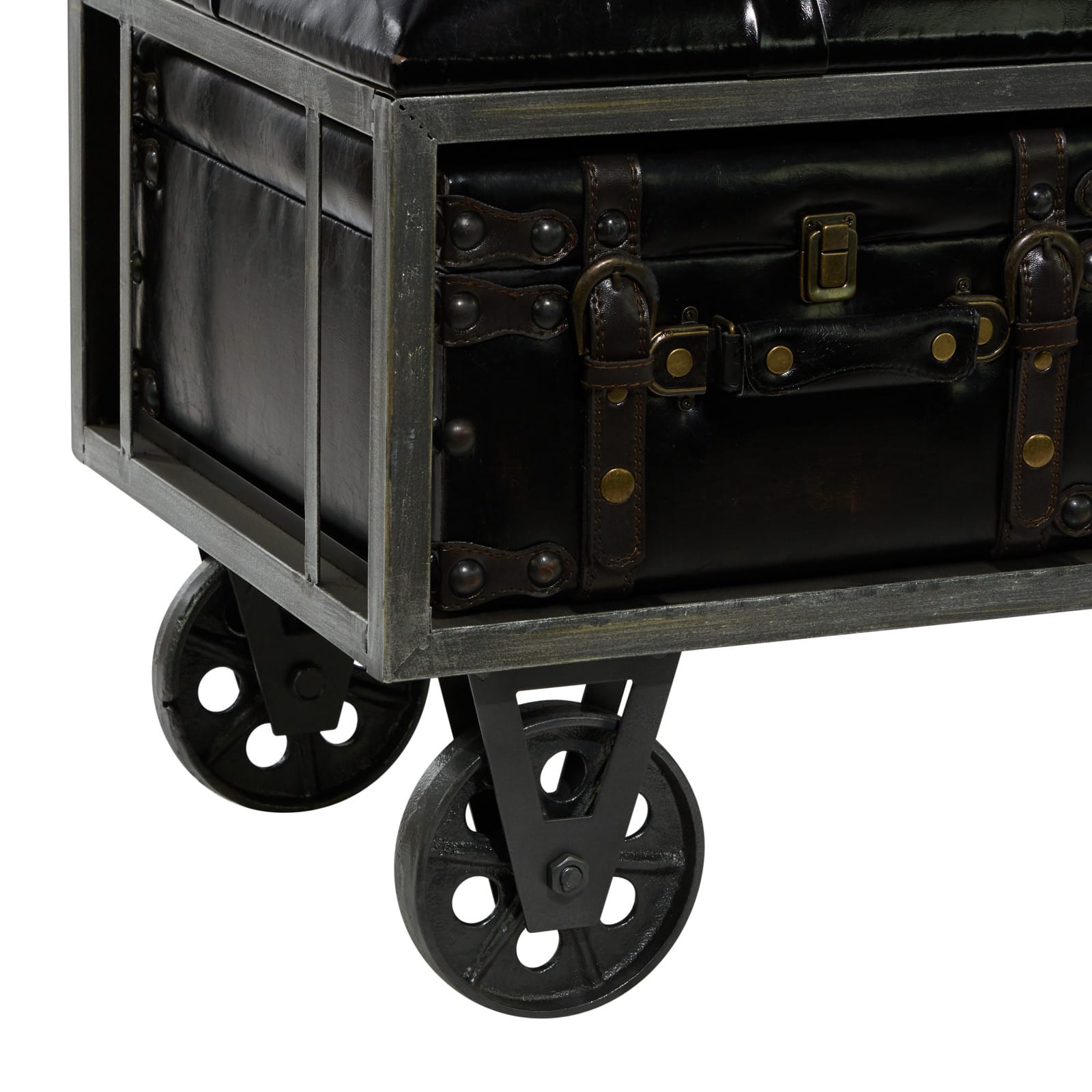 Industrial Rectangular Black Faux Leather and Wood Storage Bench, 19" x 47" x 16"