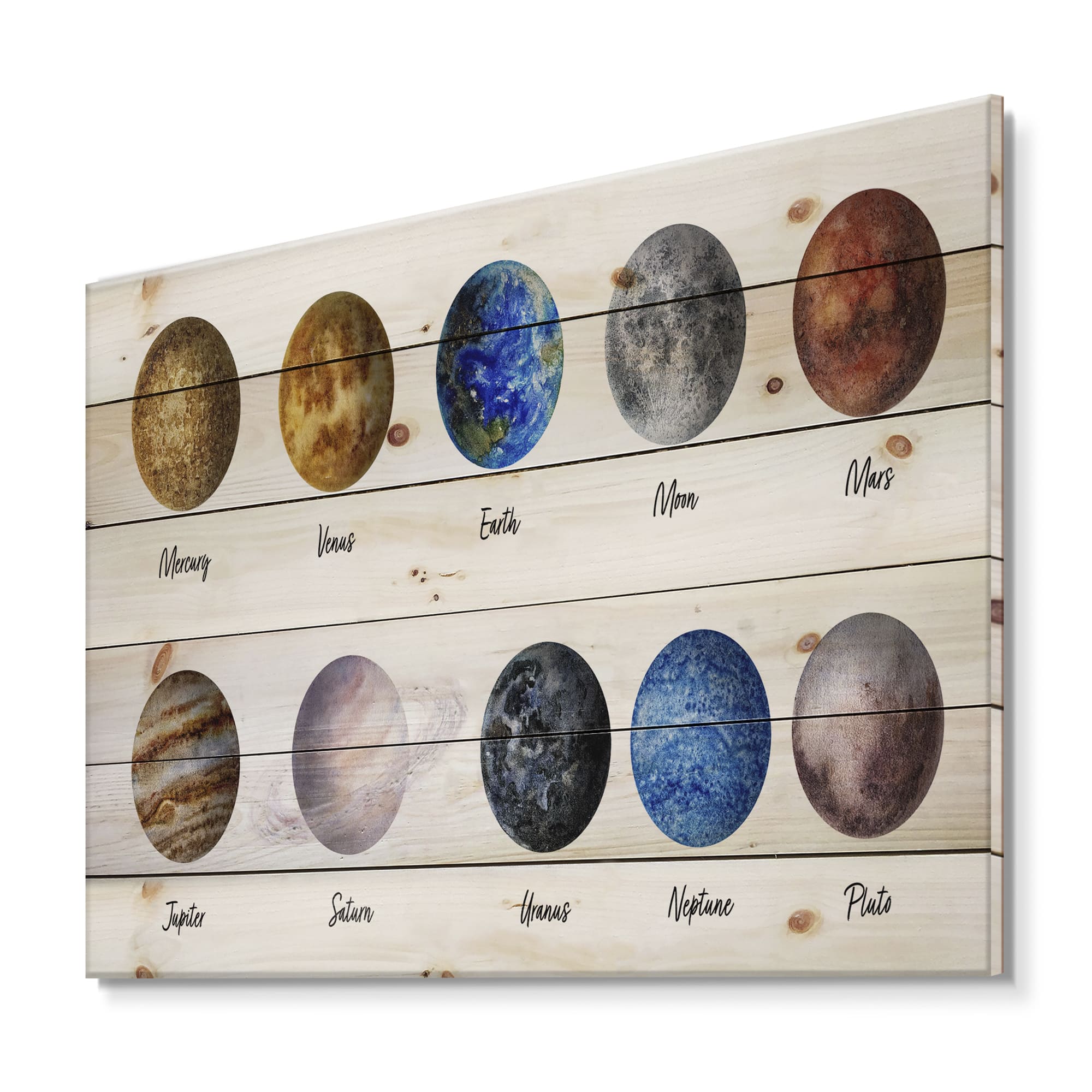 Designart - All Planets United - Modern Print on Natural Pine Wood