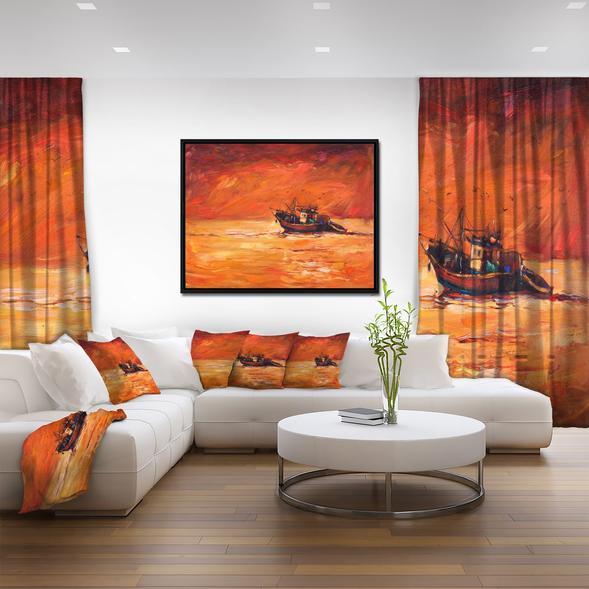 Designart - Fishing Boat in Red Hue - Seascape Canvas Art Print in Black Frame