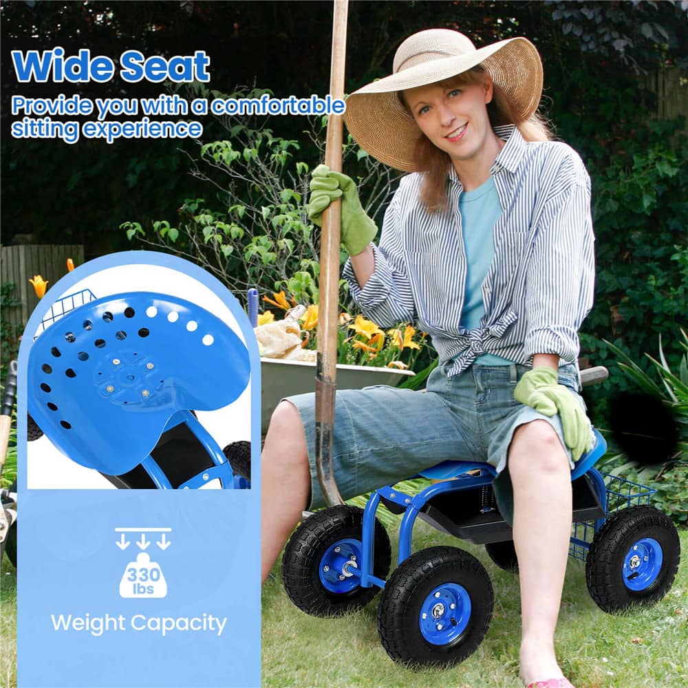 Costway Blue & Black Heavy Duty Garden Cart Rolling Work Seat Garden Planting with Tool Tray