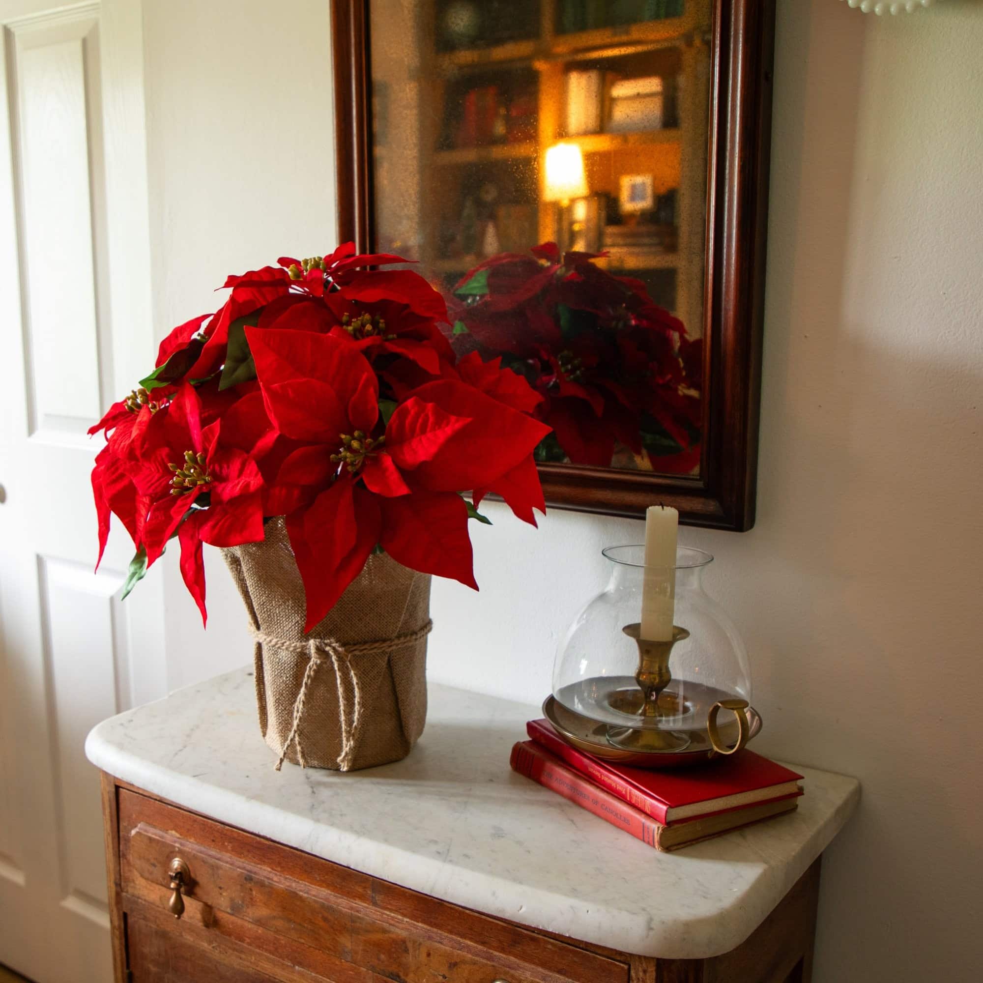 Nearly Natural 13" Artificial Red Velvet Poinsettia Arrangement in Burlap Planter
