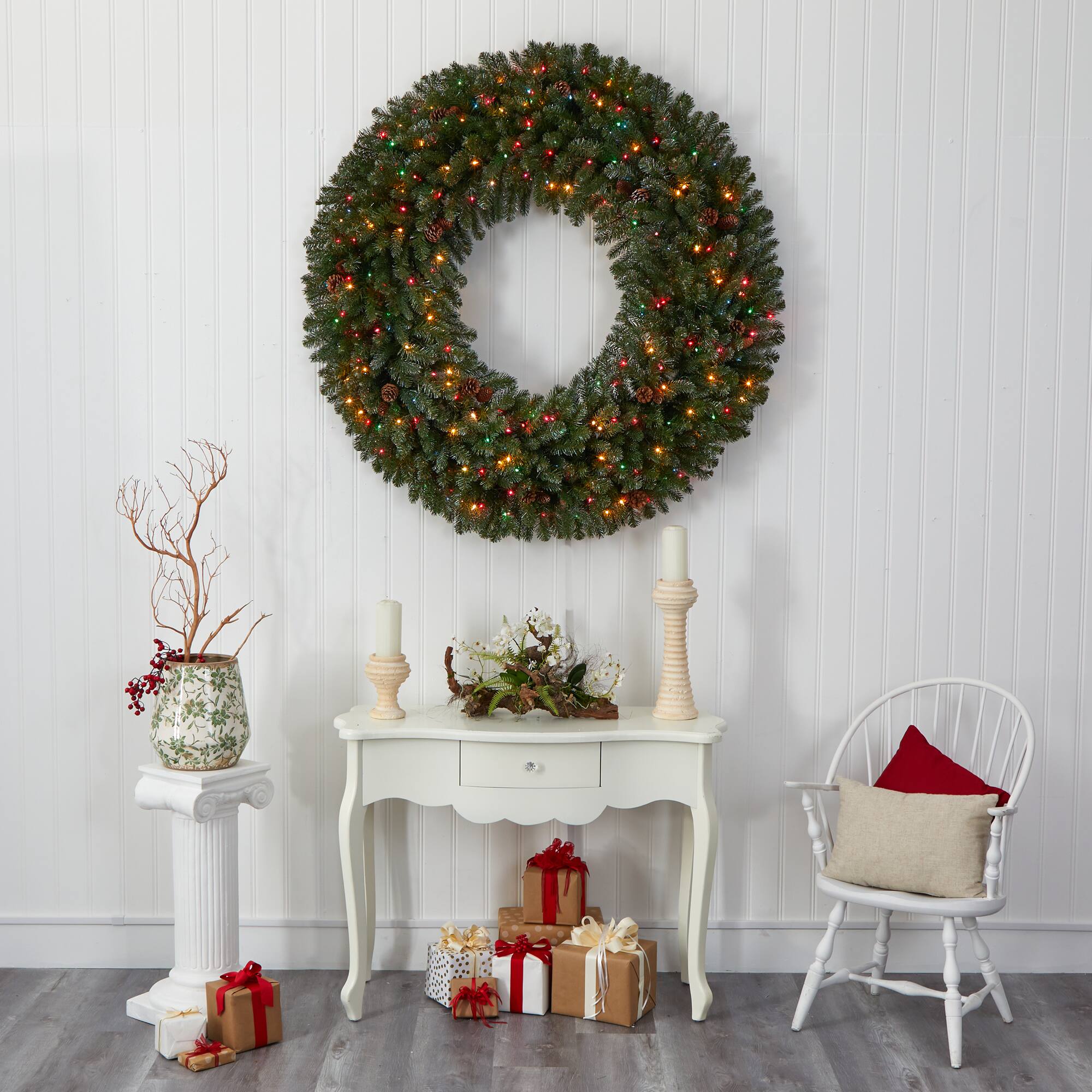 5ft. Pre-Lit Flocked Pine & Pinecone Artificial Christmas Wreath