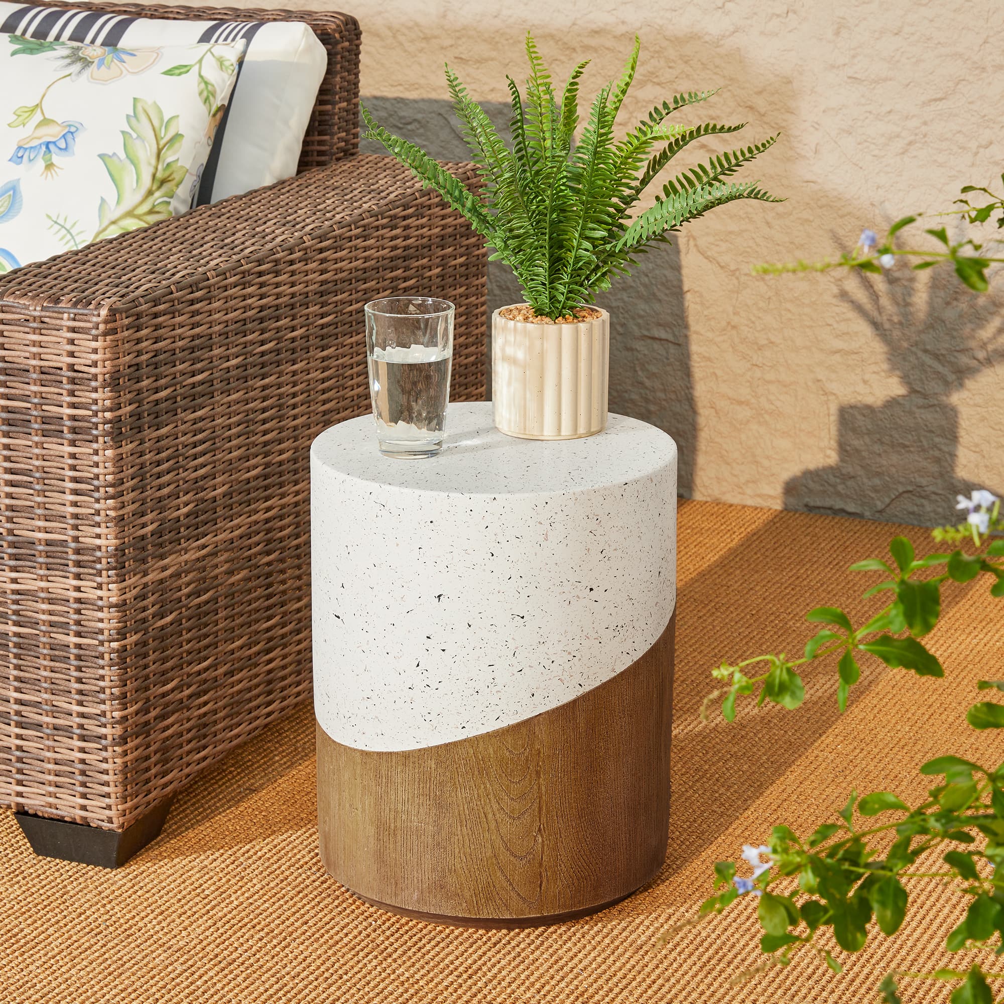 Glitzhome® 17.25" Two Tone Faux Terrazzo & Wood Texture Garden Stool