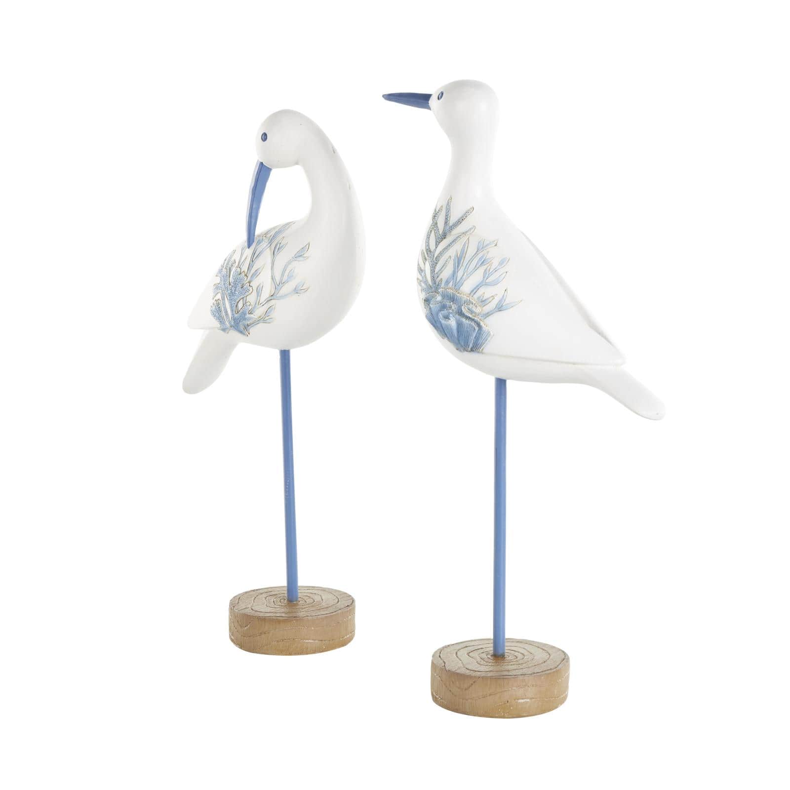 White with Blue Coral Pattern Polystone Bird Sculpture Set