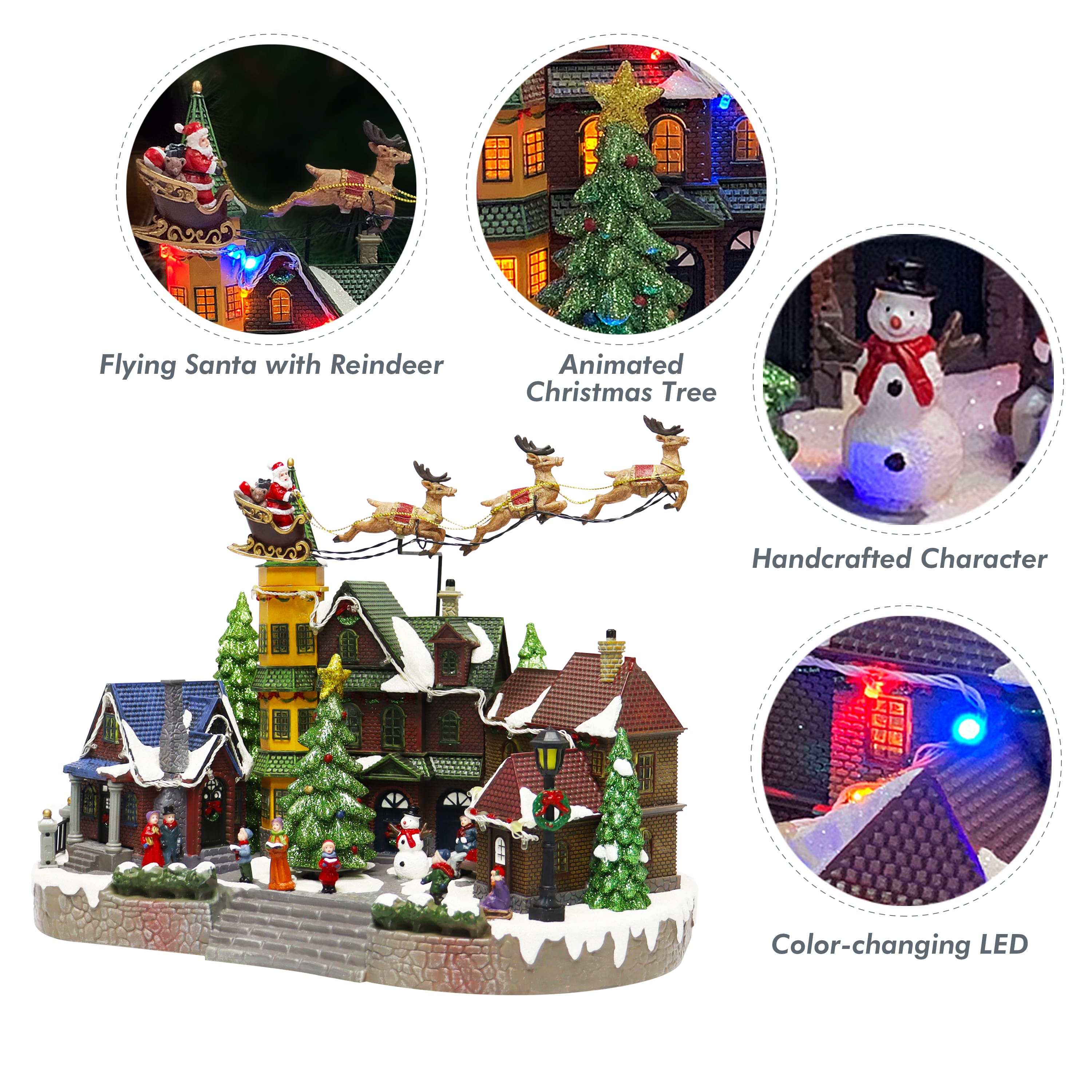 Moments in Time 12.8" Animated Santa Riding Sleigh Flying Over Town Center Décor