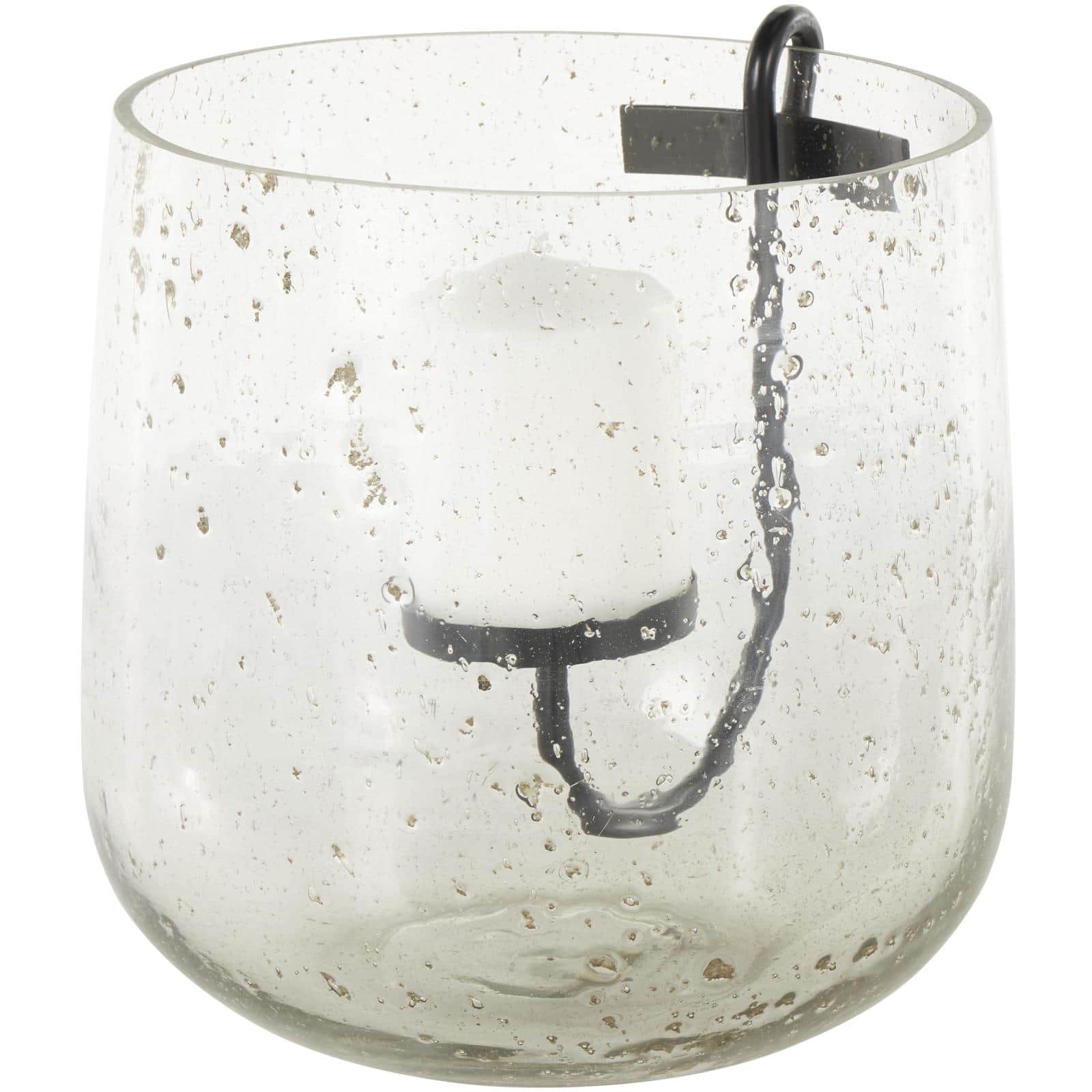 10.25" Clear Glass Candle Holder with Black Metal Accents and Brown Speckles