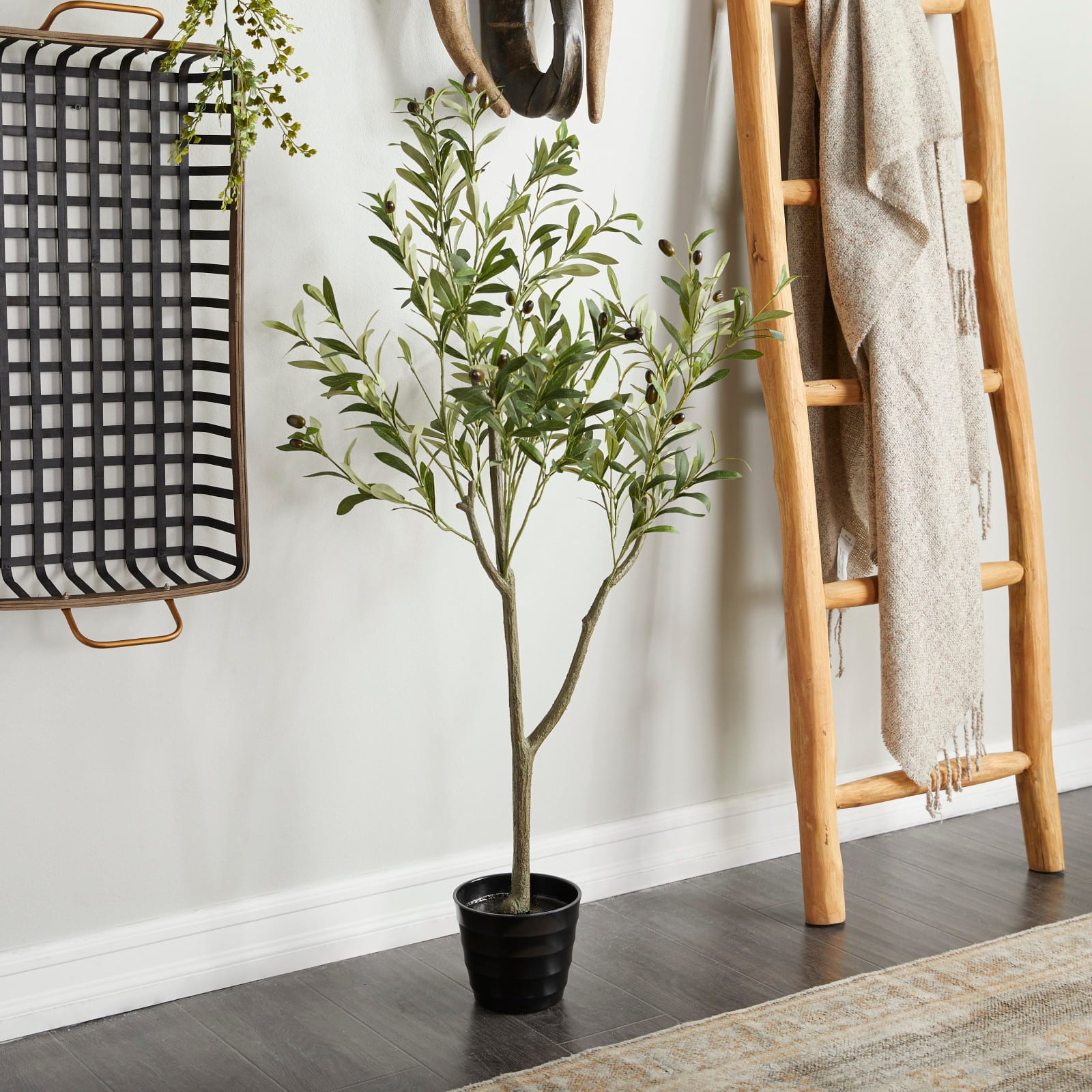 4ft. Green Olive Faux Foliage Artificial Tree with Black Melamine Pot