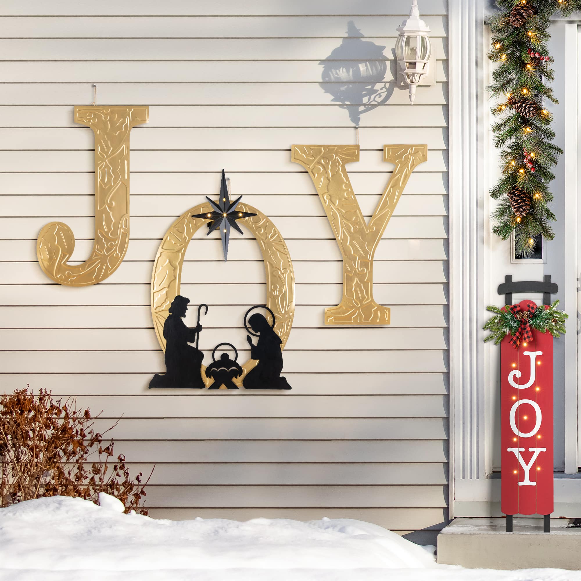 Glitzhome® Set of 3 Lighted Christmas Metal Embossed Gold JOY Yard Stake with Timer