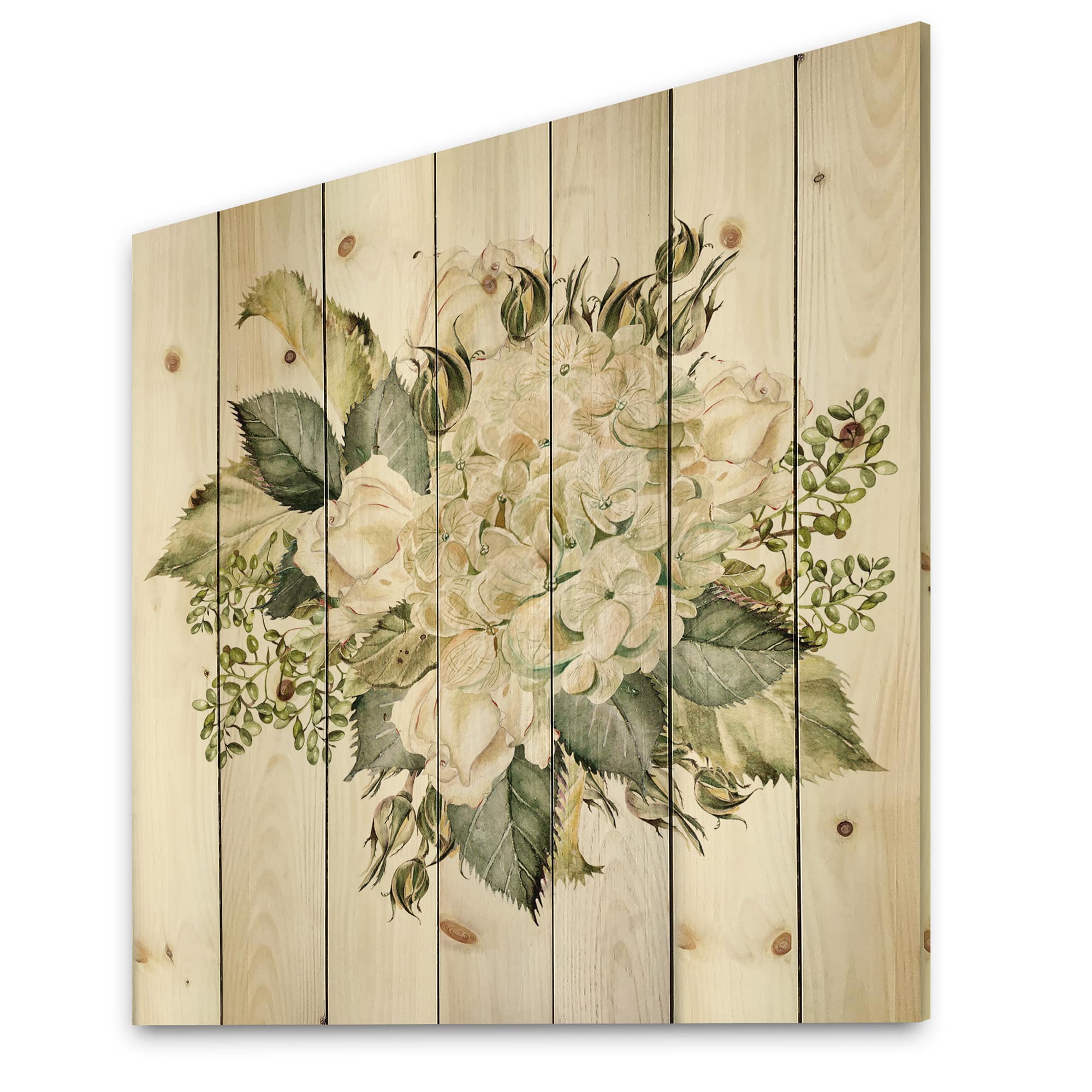 Designart - Beautiful Bouquet With Hudrangea and Roses - Farmhouse Print on Natural Pine Wood