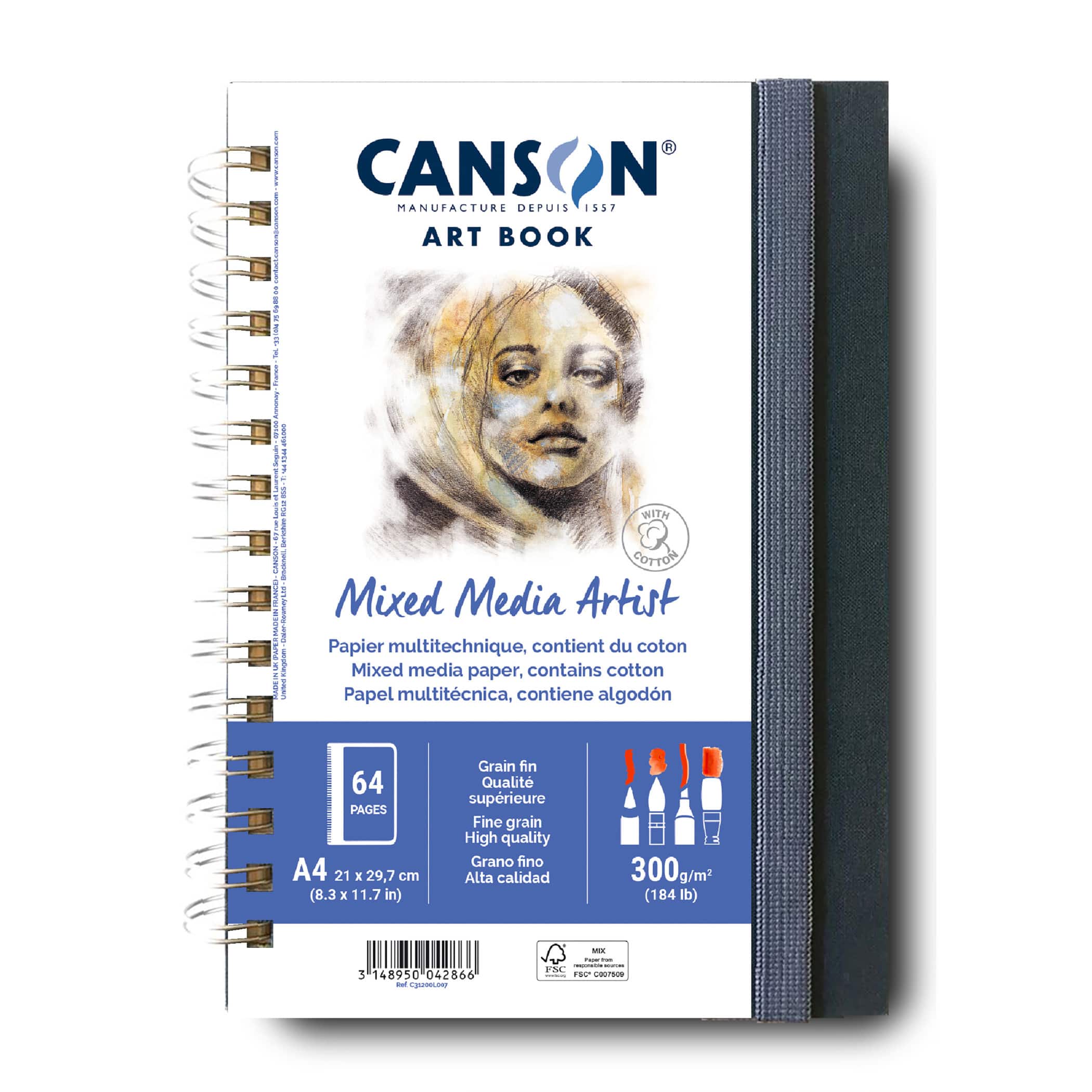 Canson Artist Series Mixed Media Art Book, Fabric Cover, Side Wire Binding, 56 Sheet