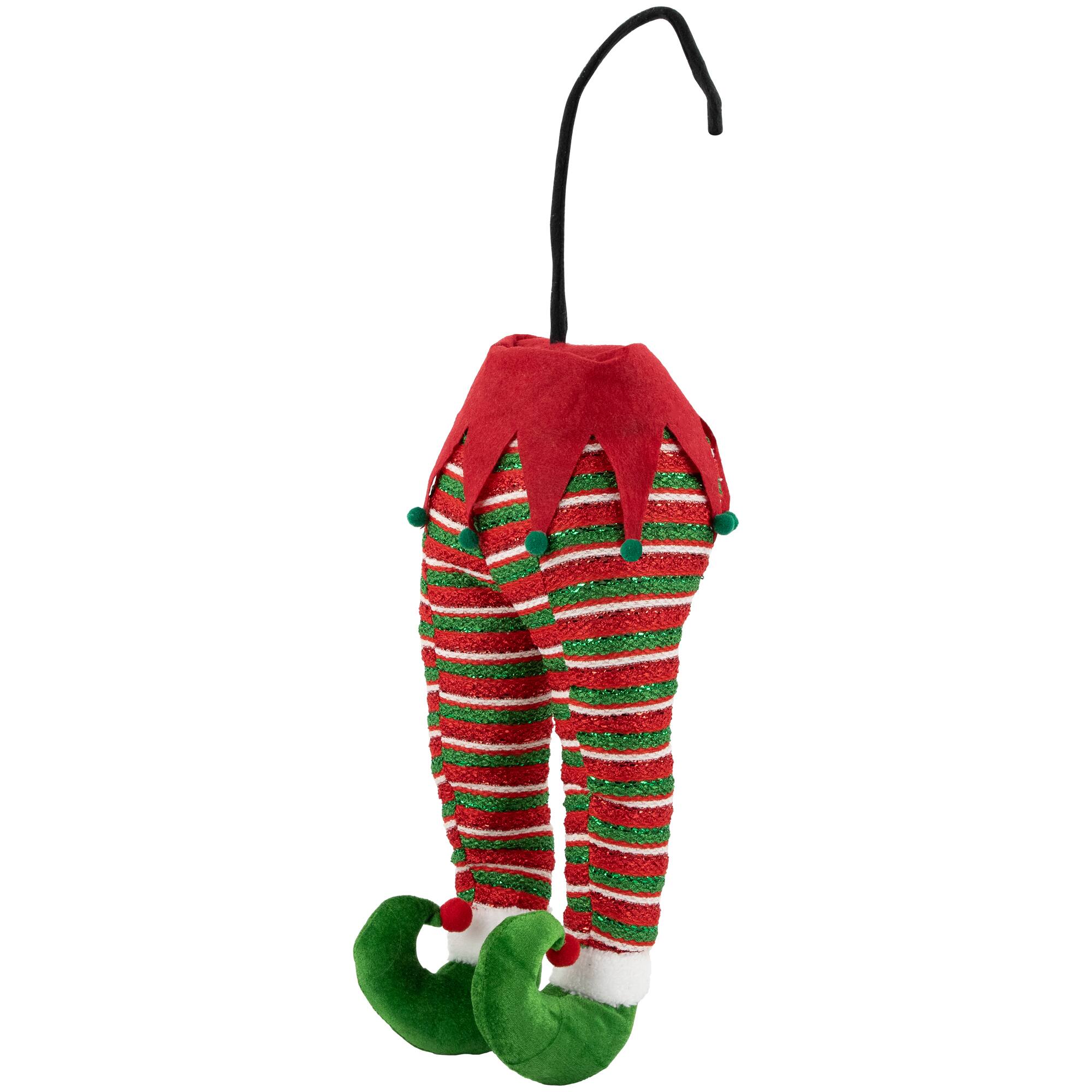 19" Red & Green Striped Hanging Elf Legs Décor